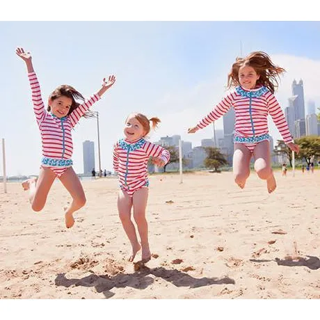 Girls Long Sleeve Rash Guard Ruffle Swimsuit Set (2 Piece) - "Splish Splash"