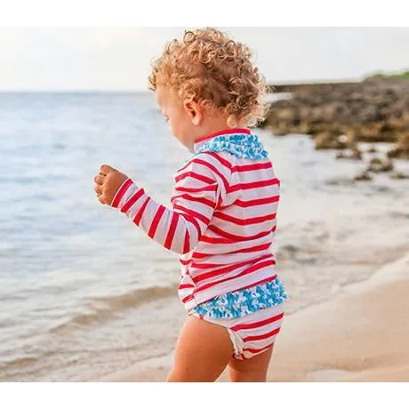 Girls Long Sleeve Rash Guard Ruffle Swimsuit Set (2 Piece) - "Splish Splash"