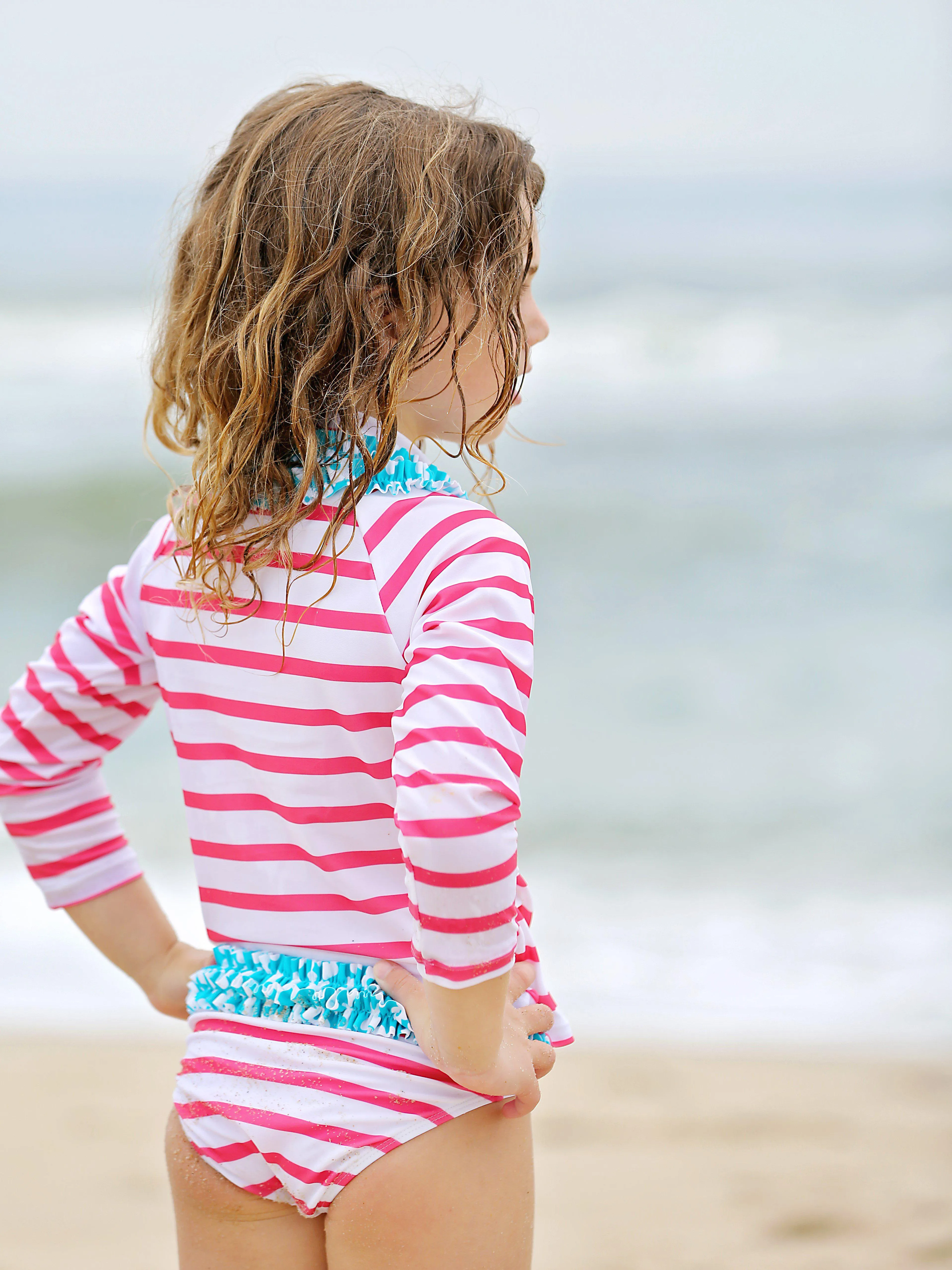 Girls Long Sleeve Rash Guard Ruffle Swimsuit Set (2 Piece) - "Splish Splash"