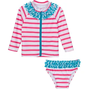 Girls Long Sleeve Rash Guard Ruffle Swimsuit Set (2 Piece) - "Splish Splash"