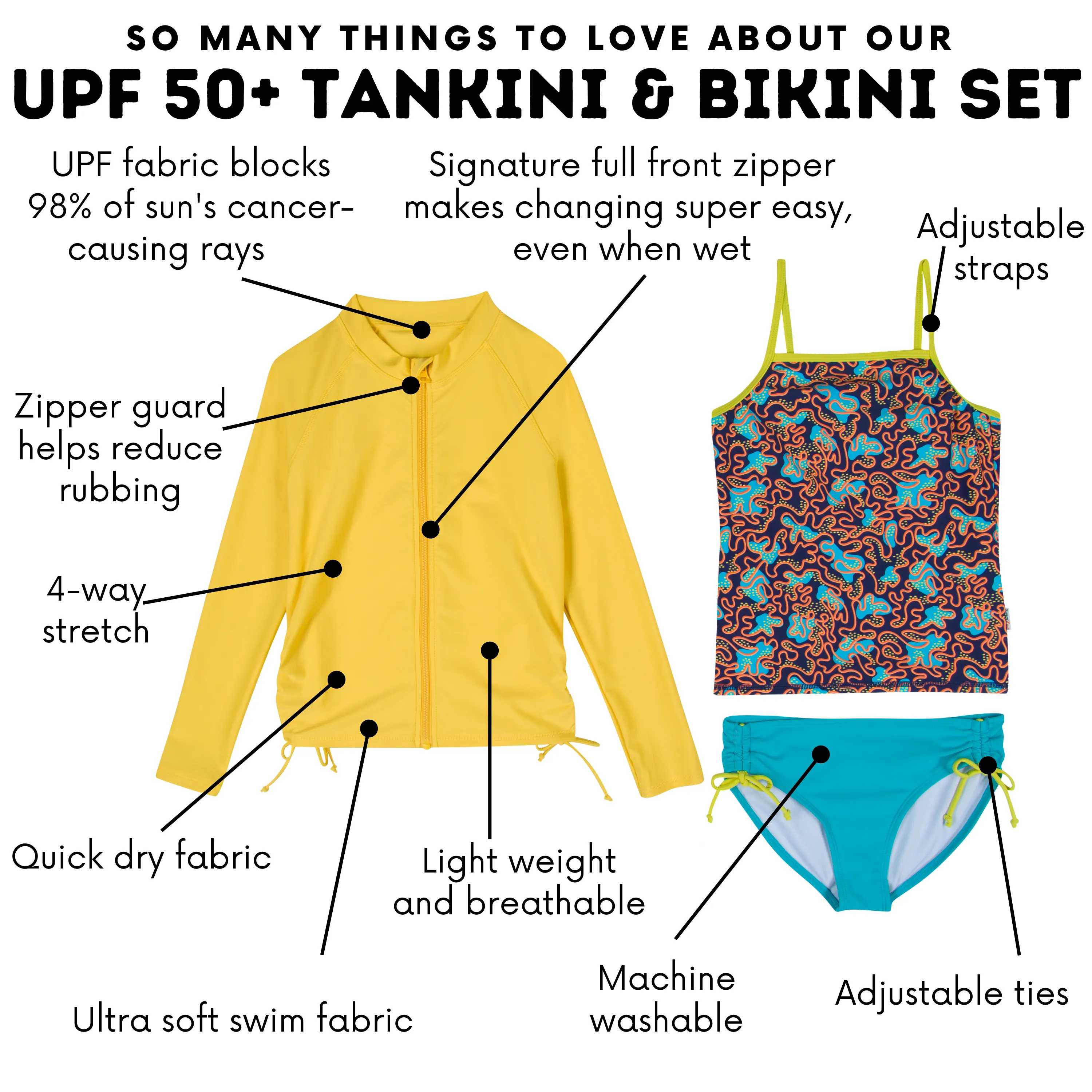 Girls Long Sleeve Rash Guard   Tankini Bikini Set (3 Piece) | "Deep Dive"