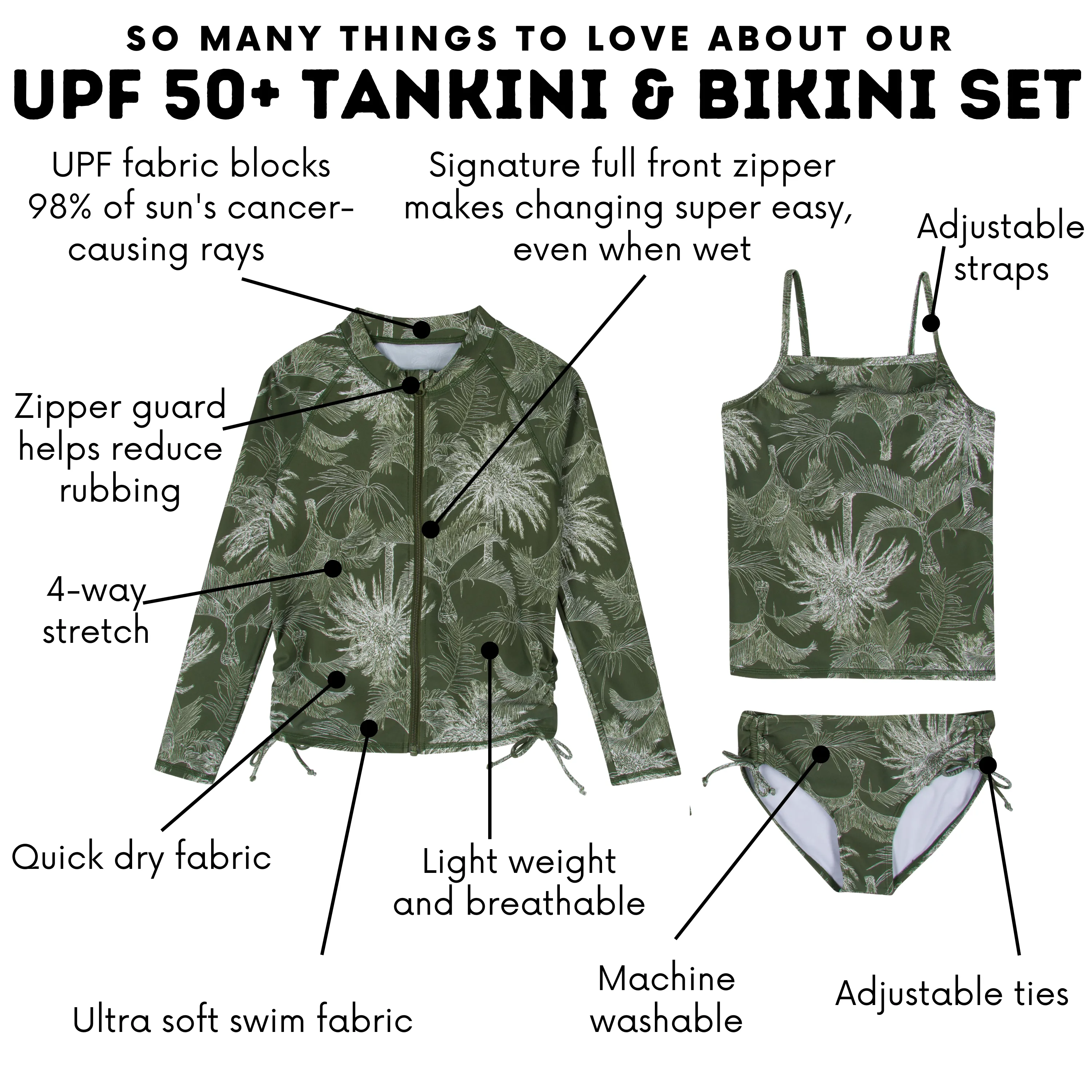 Girls Long Sleeve Rash Guard   Tankini Bikini Set (3 Piece) | "Hawaiian Rainforest"