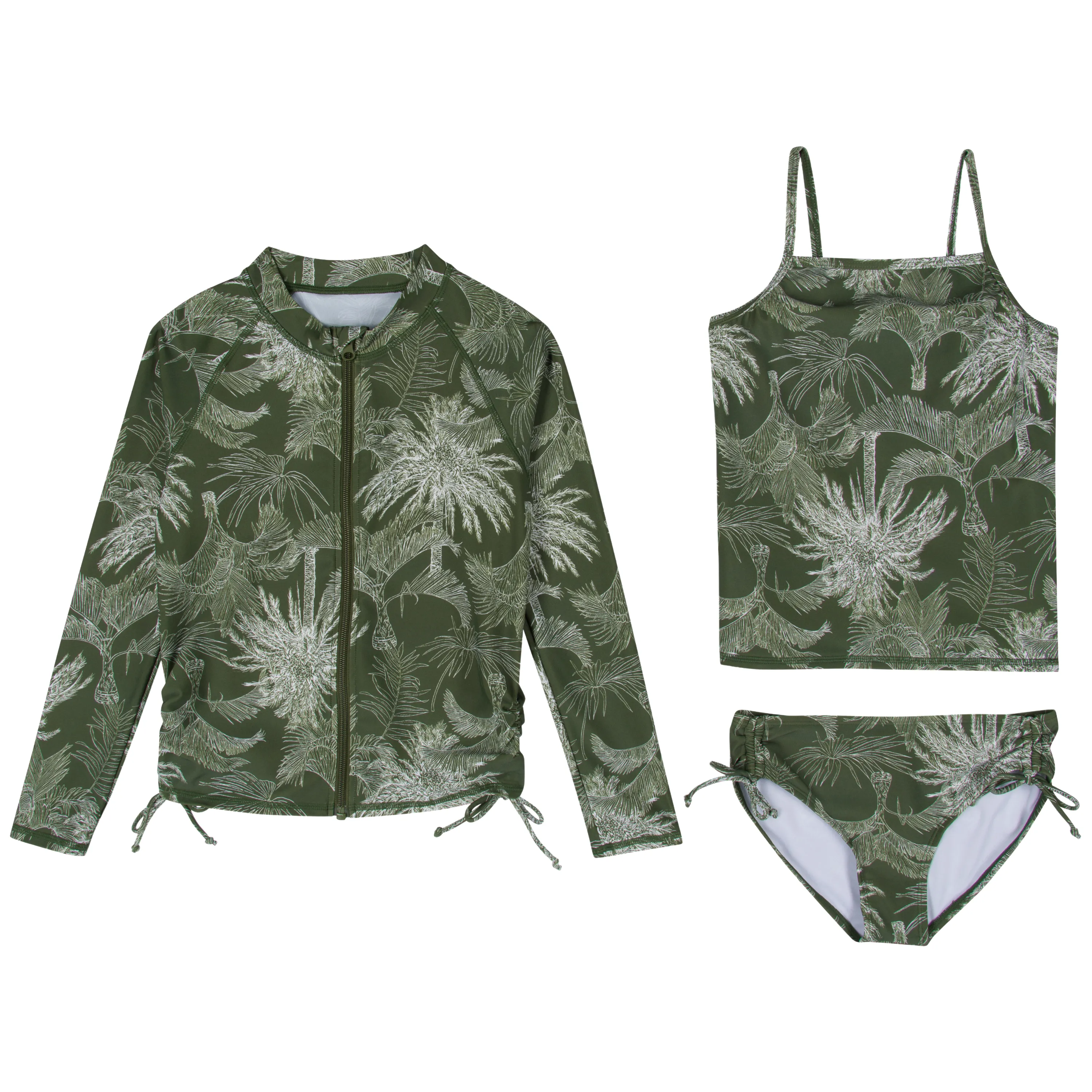 Girls Long Sleeve Rash Guard   Tankini Bikini Set (3 Piece) | "Hawaiian Rainforest"