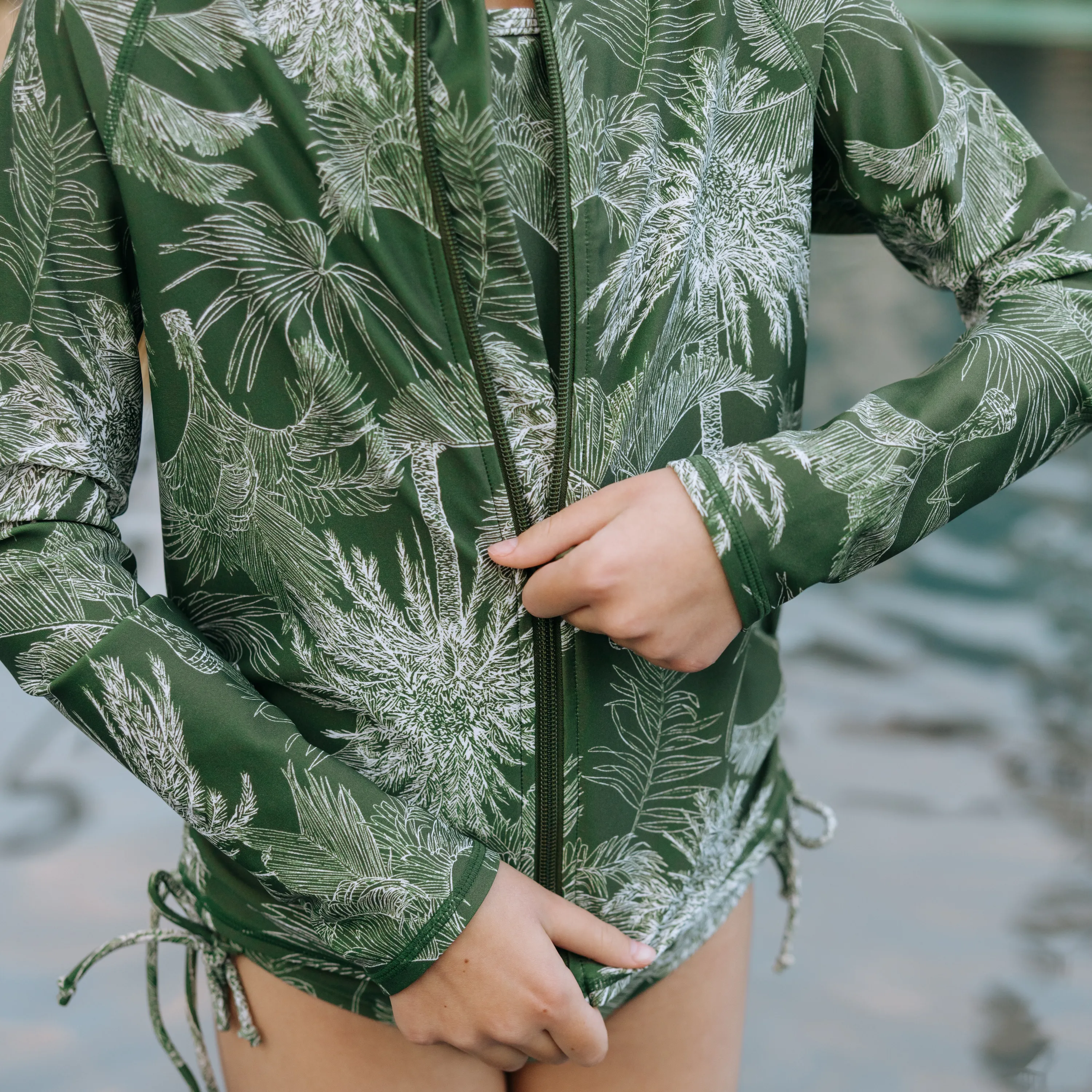 Girls Long Sleeve Rash Guard   Tankini Bikini Set (3 Piece) | "Hawaiian Rainforest"