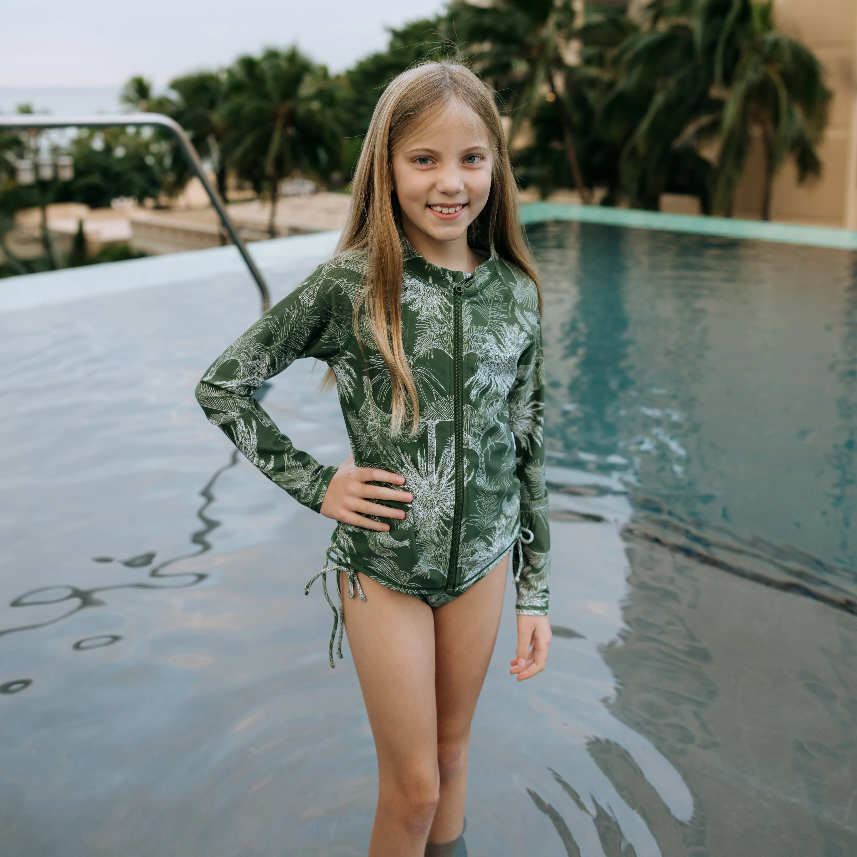 Girls Long Sleeve Rash Guard   Tankini Bikini Set (3 Piece) | "Hawaiian Rainforest"