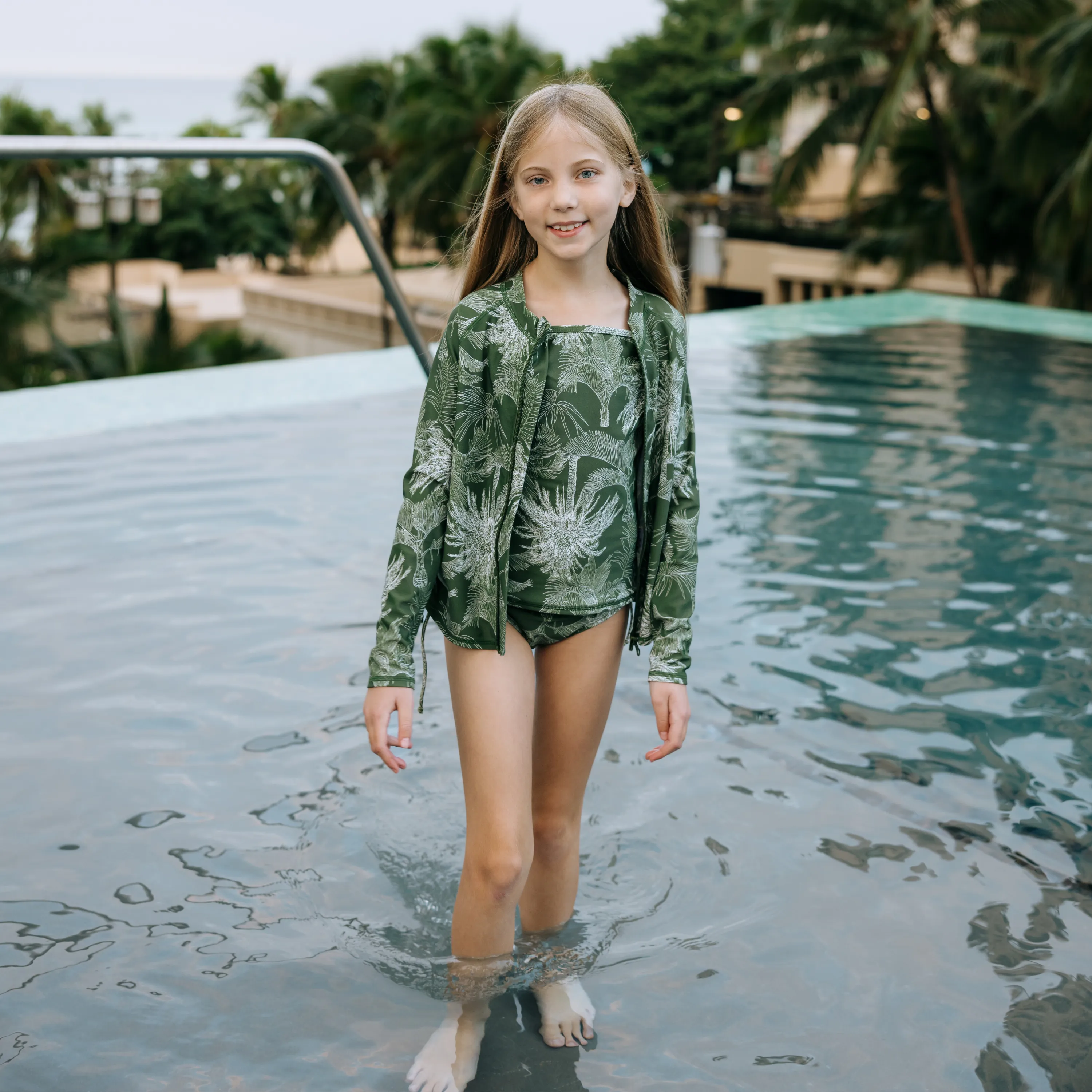 Girls Long Sleeve Rash Guard   Tankini Bikini Set (3 Piece) | "Hawaiian Rainforest"