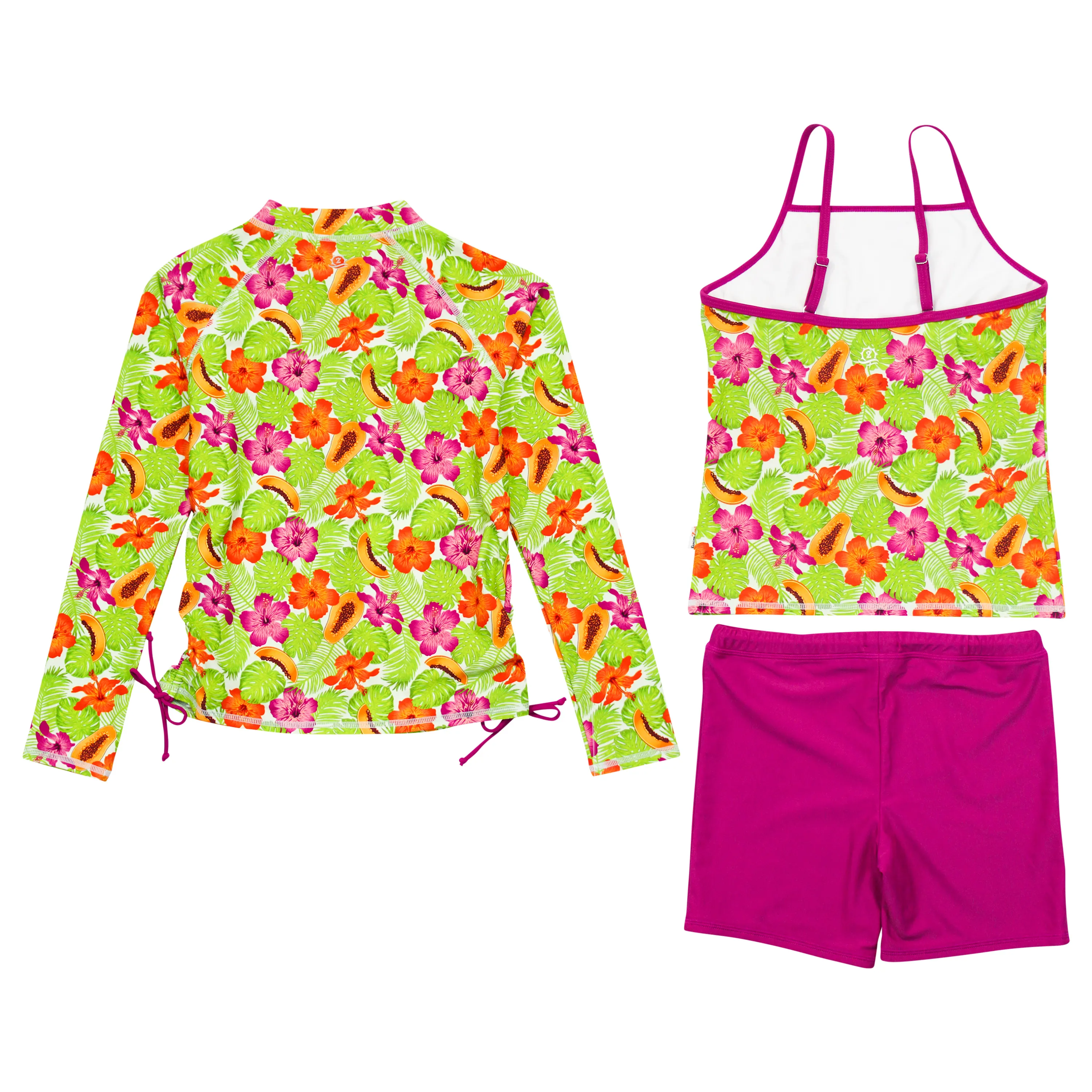 Girls Long Sleeve Rash Guard   Tankini Shorts Set (3 Piece) | "Hibiscus"