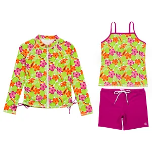 Girls Long Sleeve Rash Guard   Tankini Shorts Set (3 Piece) | "Hibiscus"