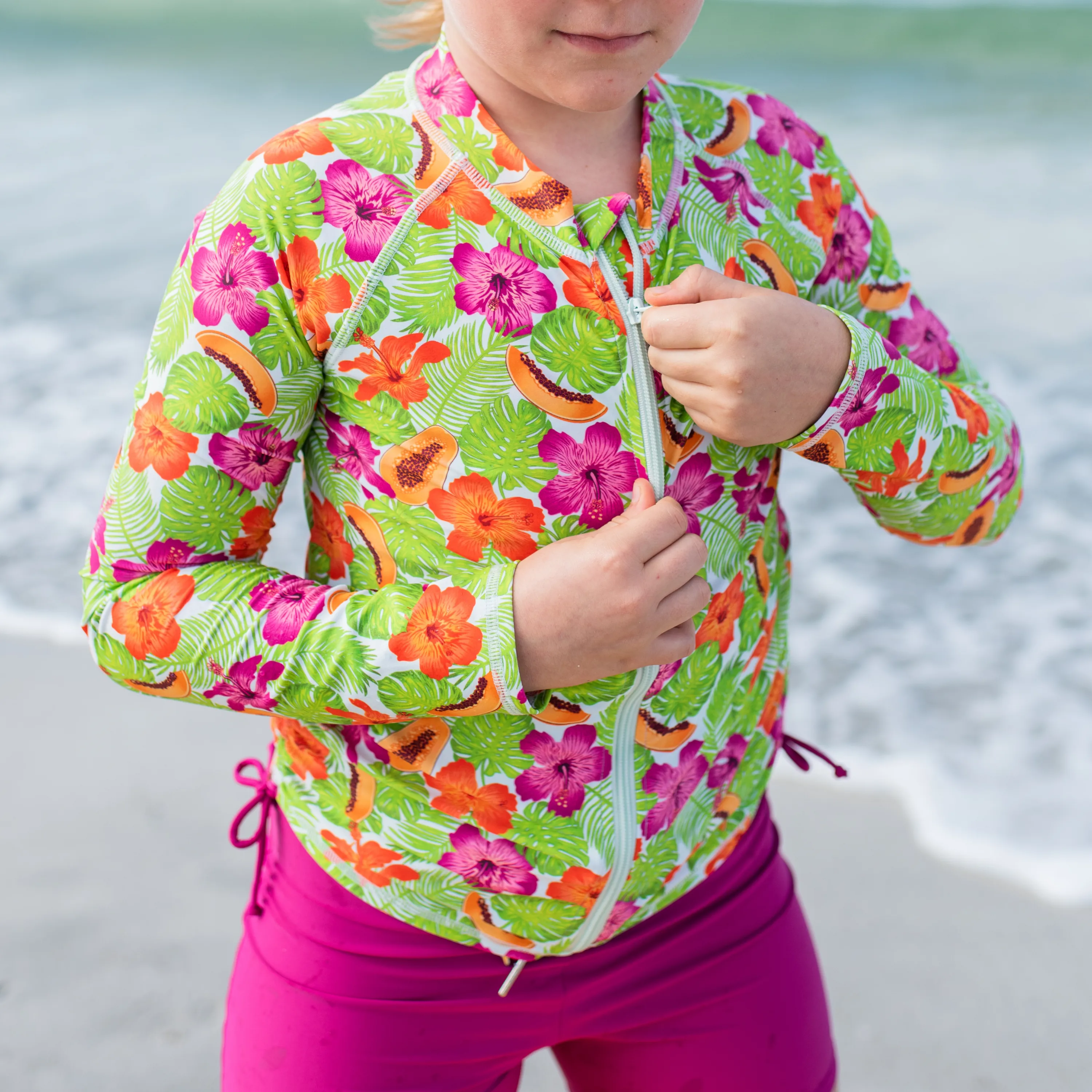 Girls Long Sleeve Rash Guard   Tankini Shorts Set (3 Piece) | "Hibiscus"