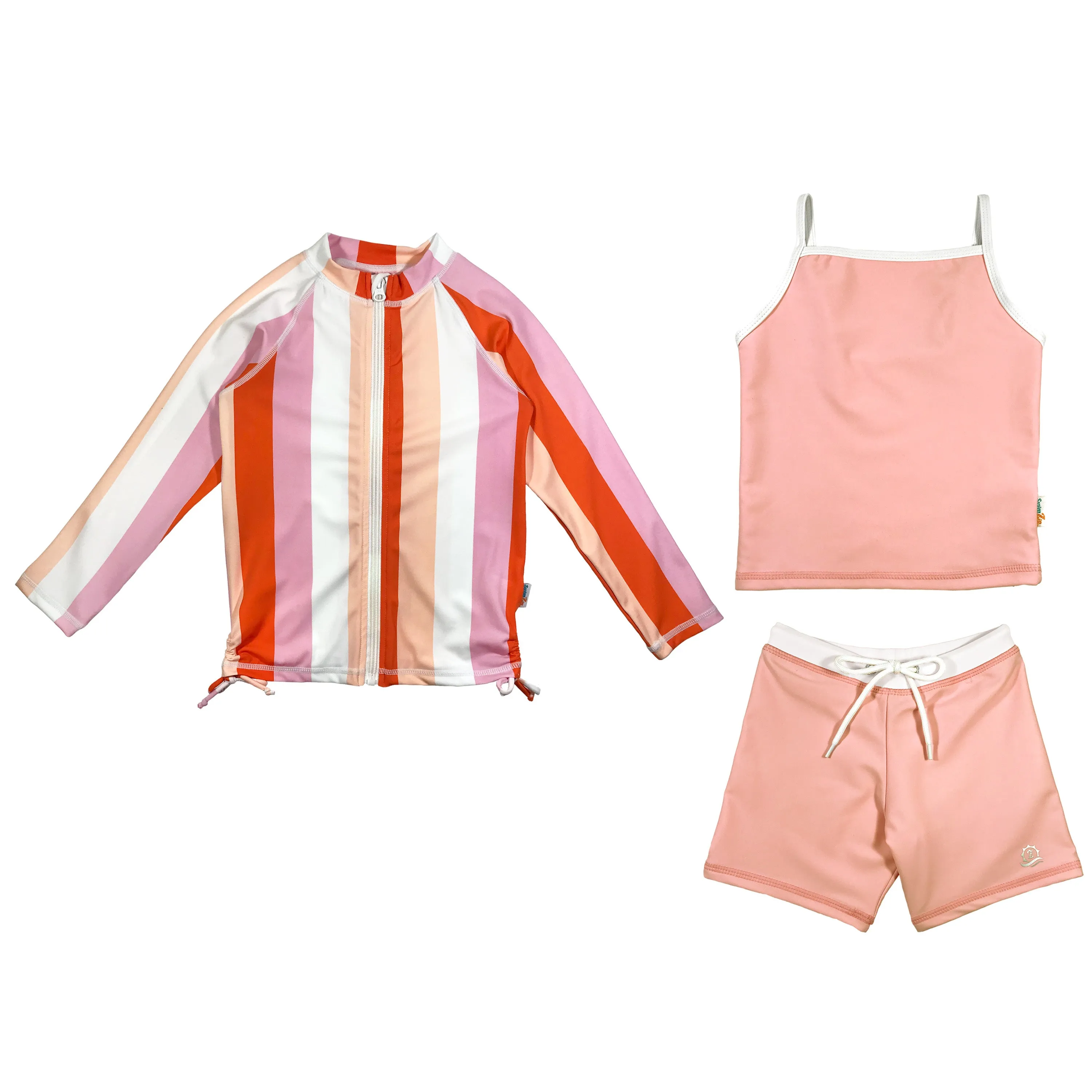 Girls Long Sleeve Rash Guard   Tankini Shorts Set (3 Piece) | "Peachy Stripes"