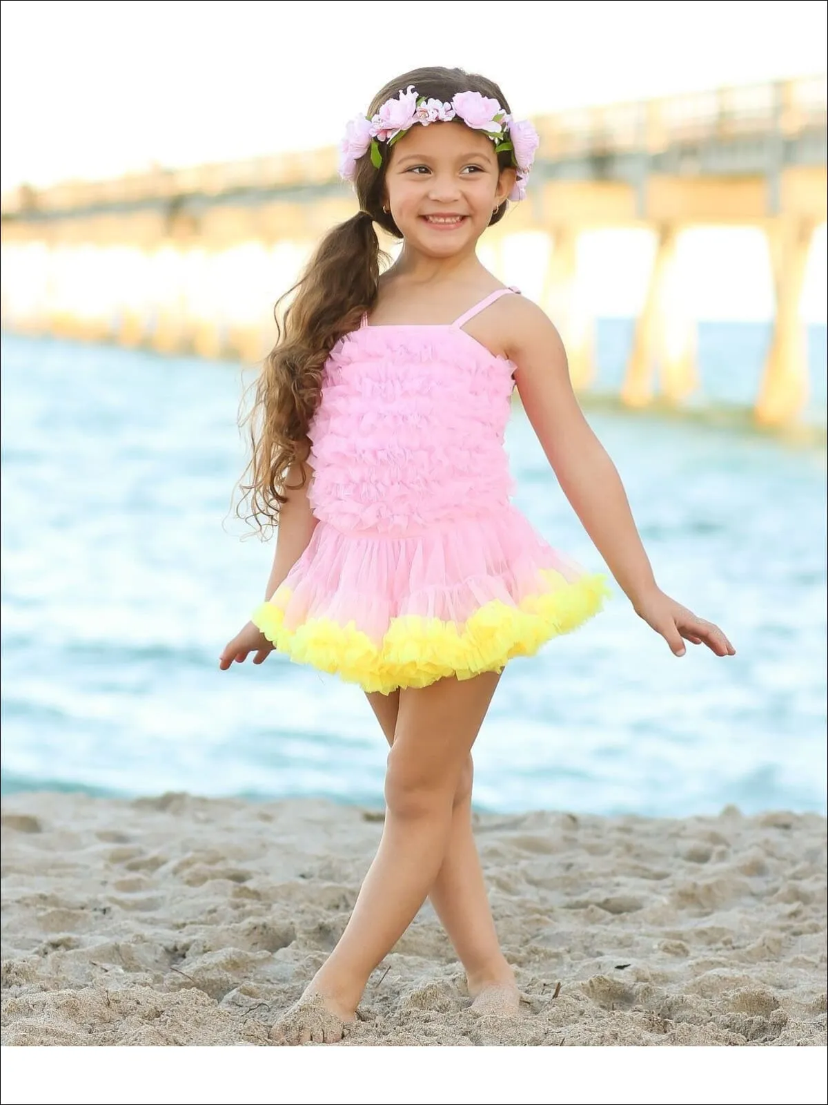 Girls Mesh Ruffled Skirted Tutu One Piece Swimsuit