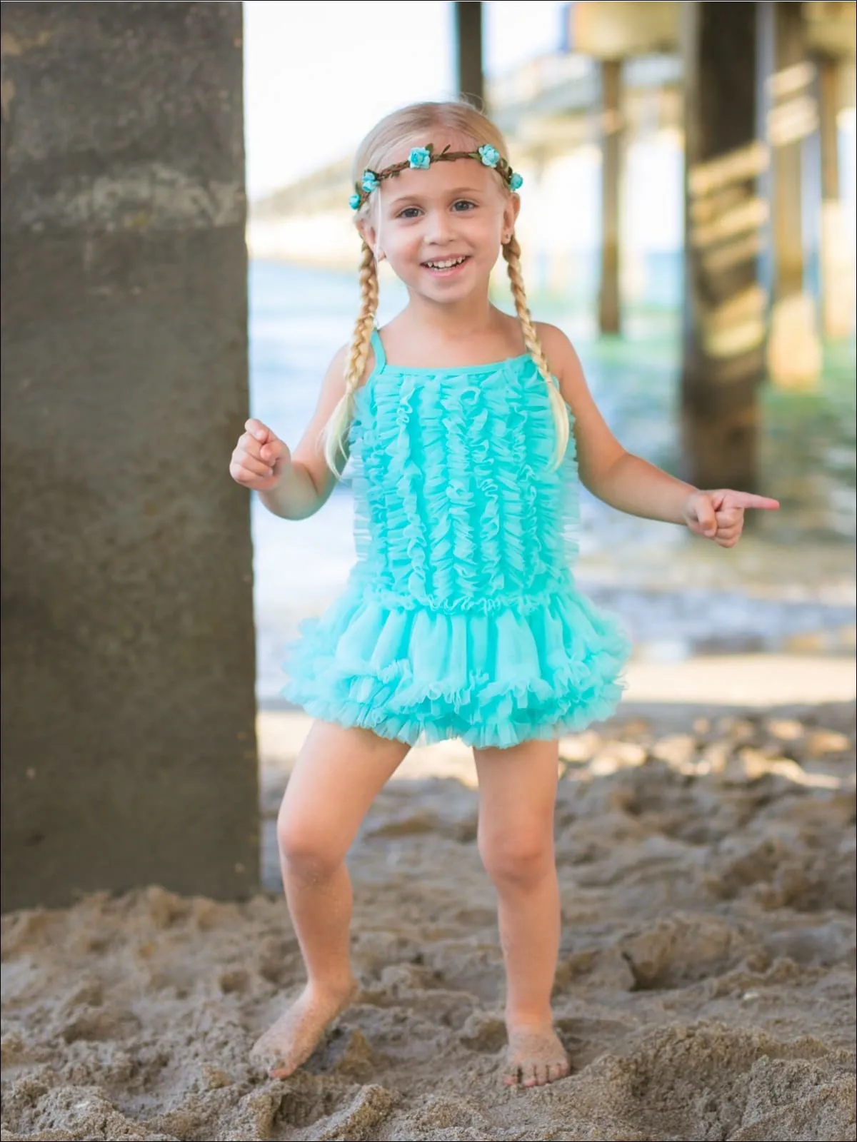 Girls Mesh Ruffled Skirted Tutu One Piece Swimsuit