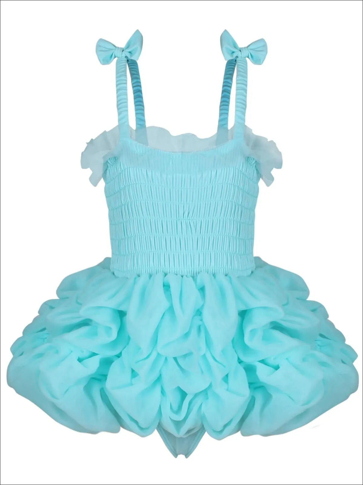 Girls Mesh Skirted Ruffled One Piece Swimsuit with Bow Straps