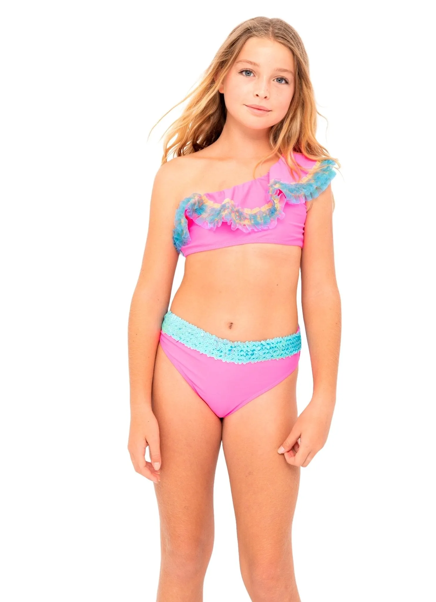 Girls Neon Pink One Shoulder Bikini with Anemone Fringe & Aqua Sequin Belt