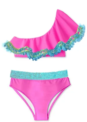 Girls Neon Pink One Shoulder Bikini with Anemone Fringe & Aqua Sequin Belt