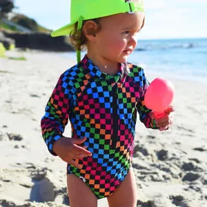 Girls Neon Rainbow Check Swim Suit