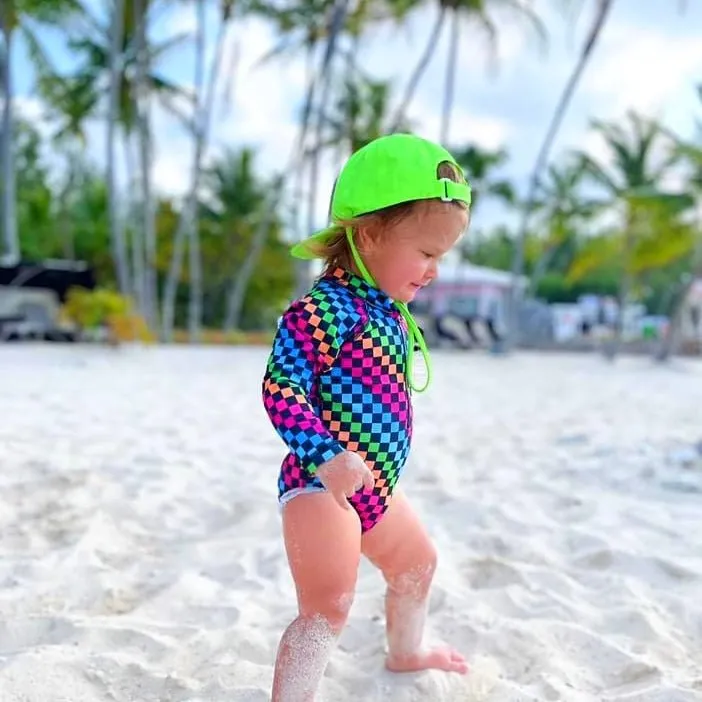 Girls Neon Rainbow Check Swim Suit