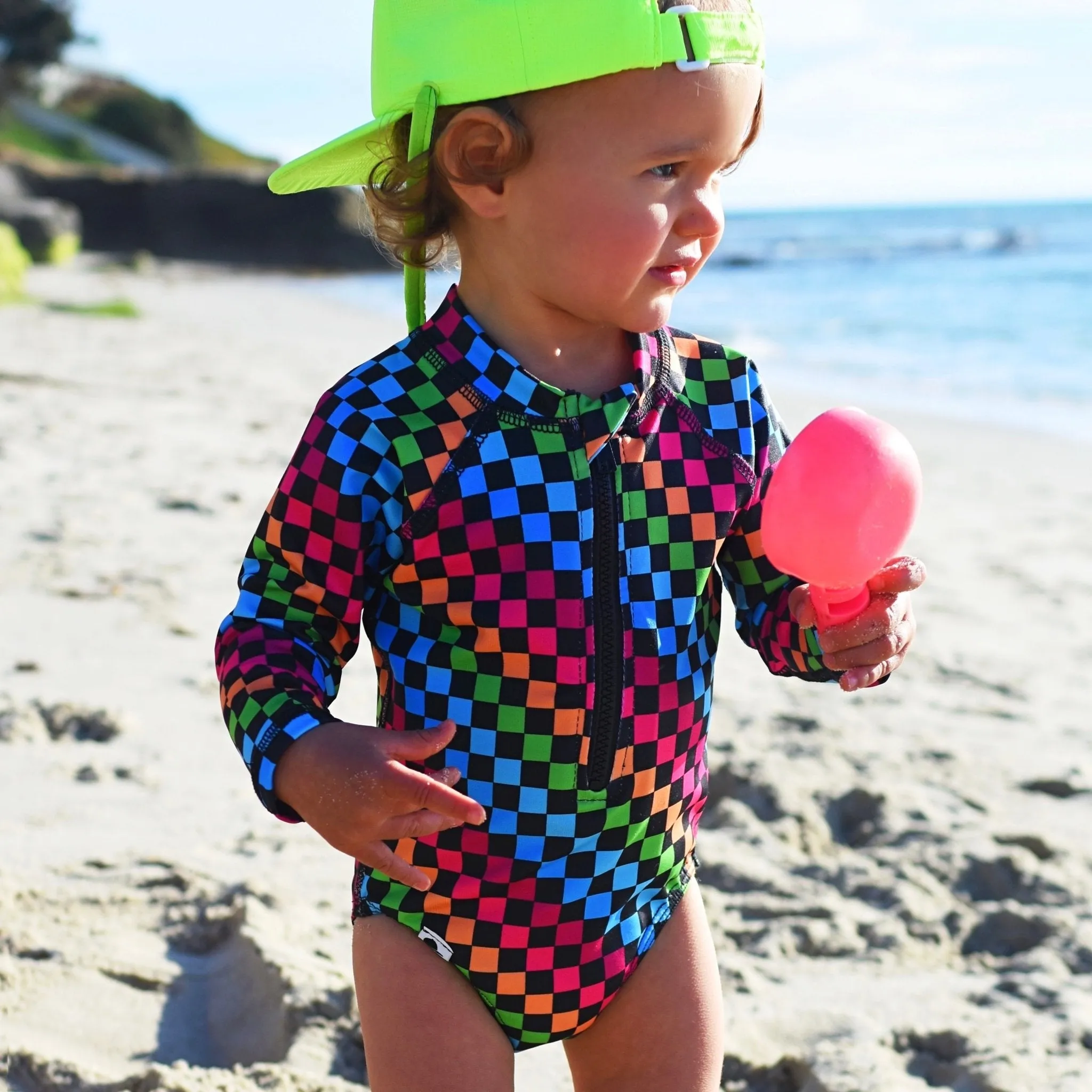 Girls Neon Rainbow Check Swim Suit