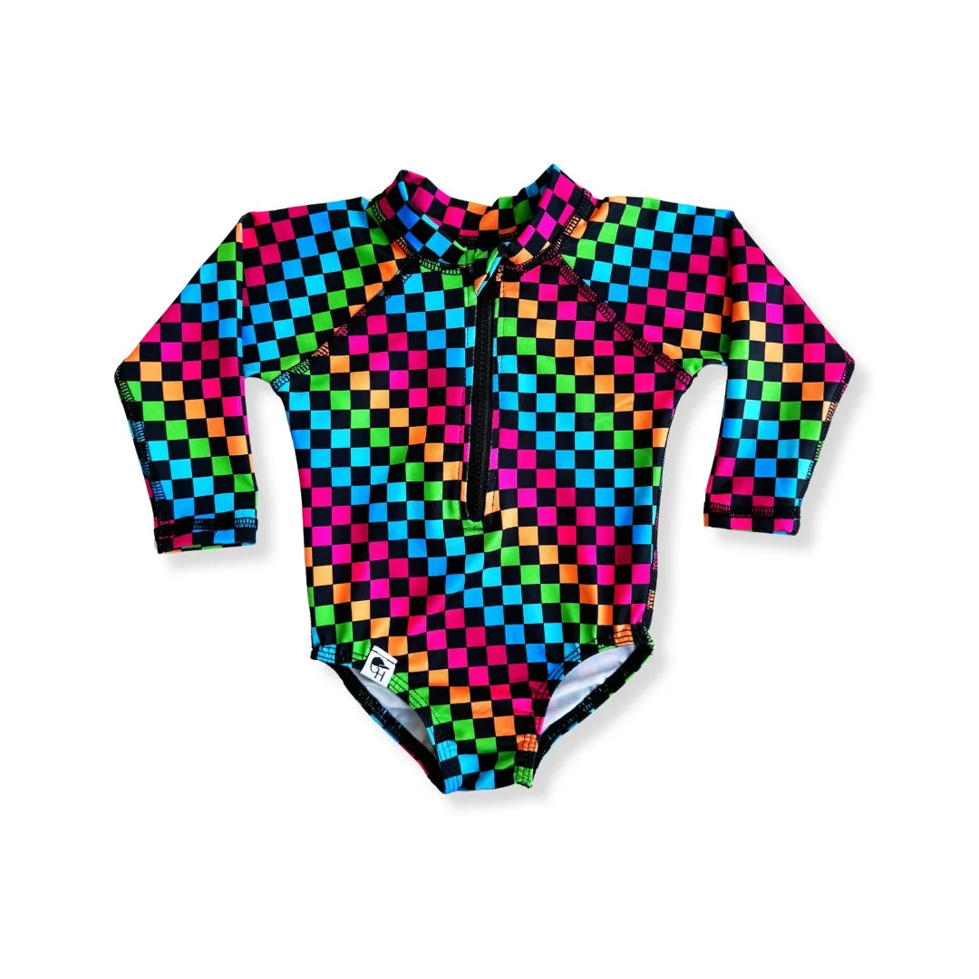 Girls Neon Rainbow Check Swim Suit
