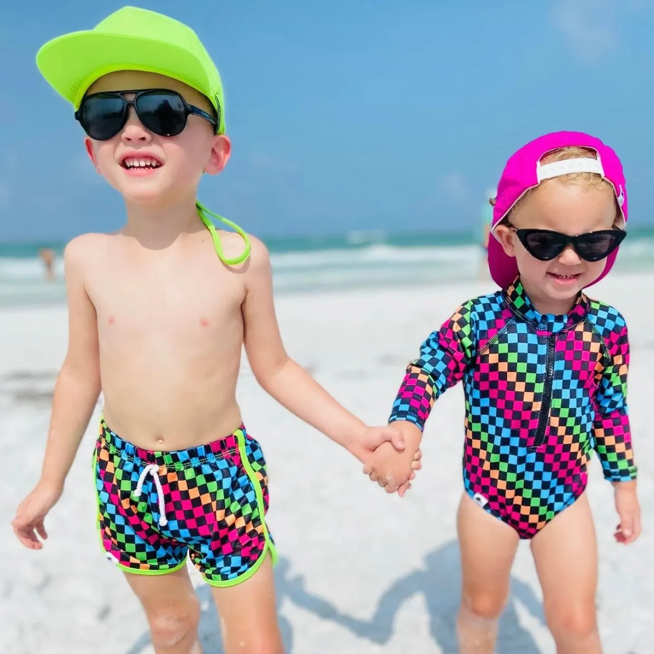 Girls Neon Rainbow Check Swim Suit