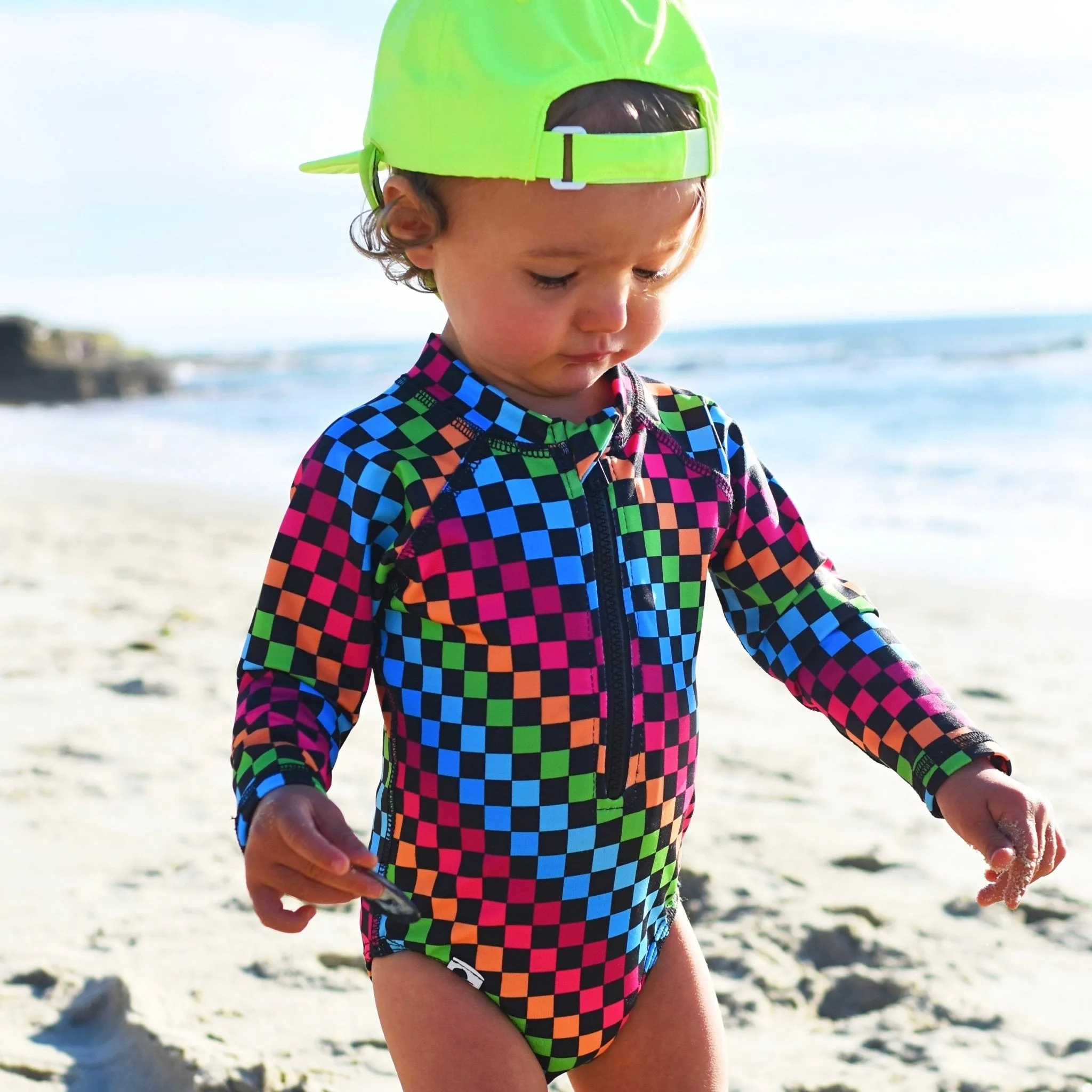 Girls Neon Rainbow Check Swim Suit
