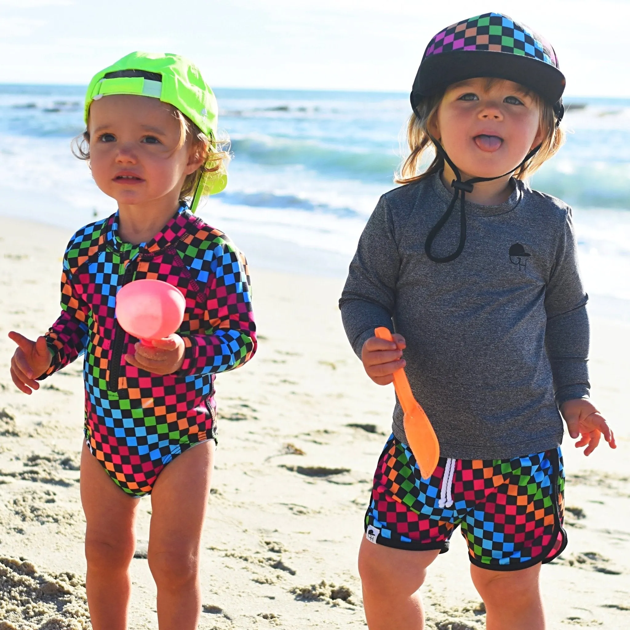 Girls Neon Rainbow Check Swim Suit