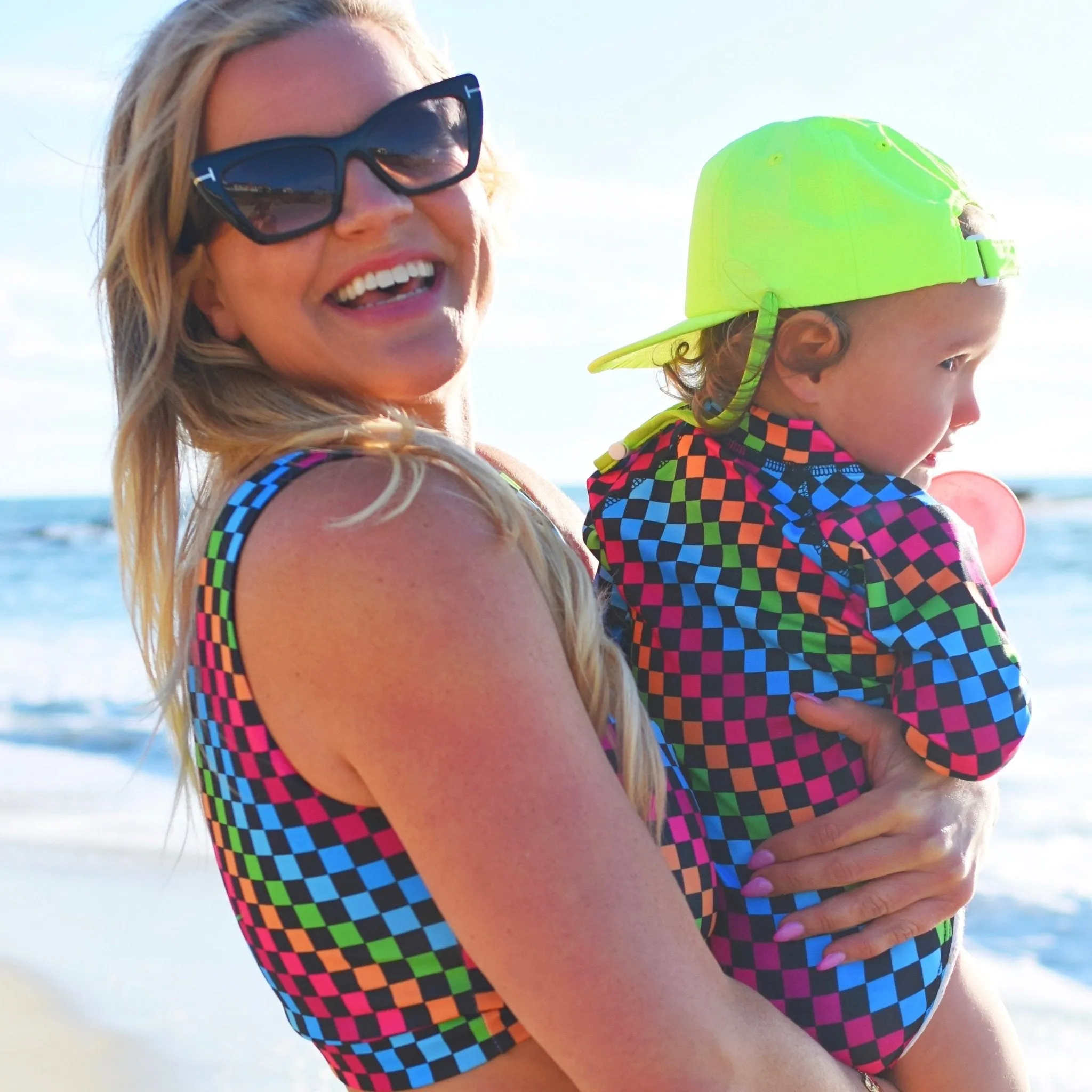 Girls Neon Rainbow Check Swim Suit