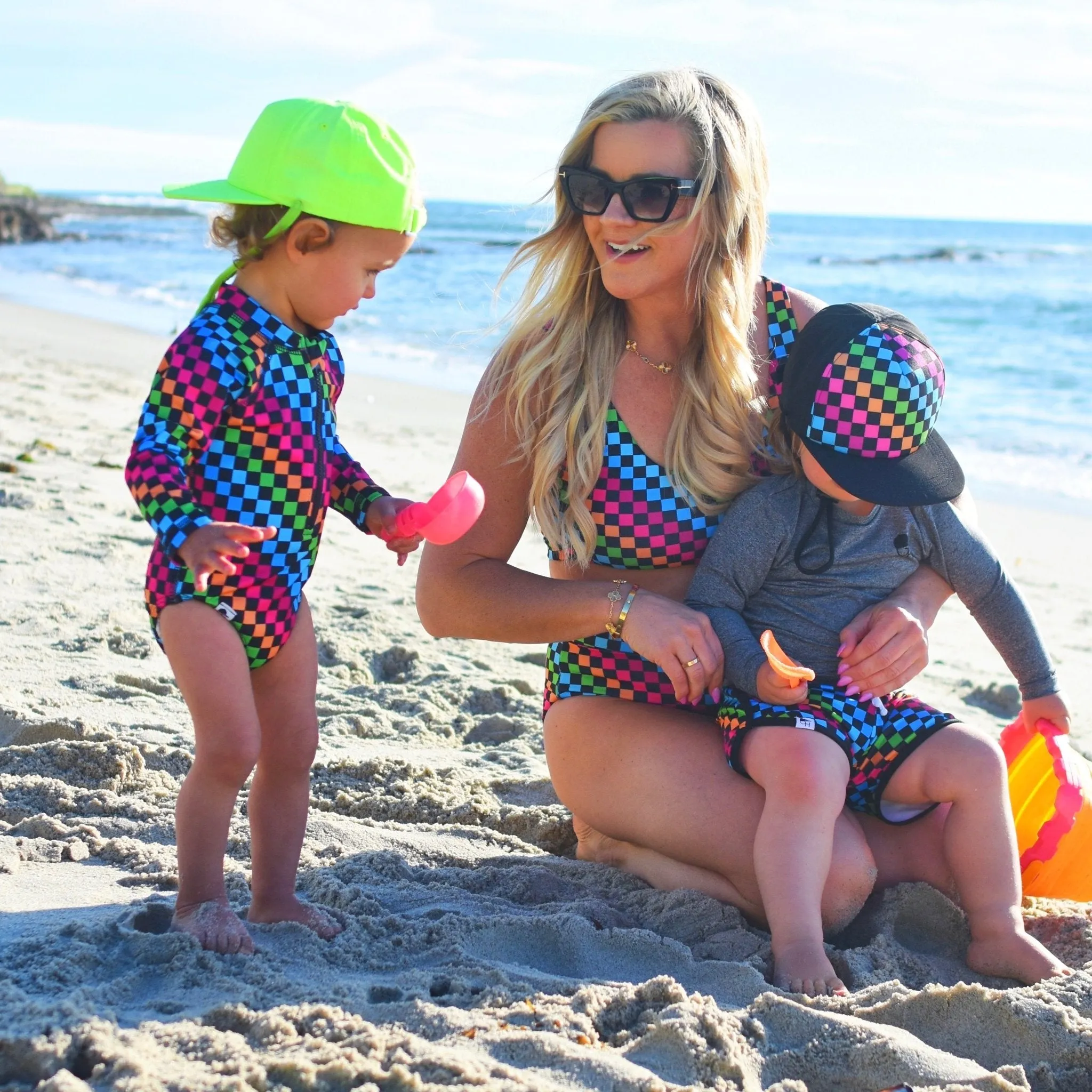 Girls Neon Rainbow Check Swim Suit