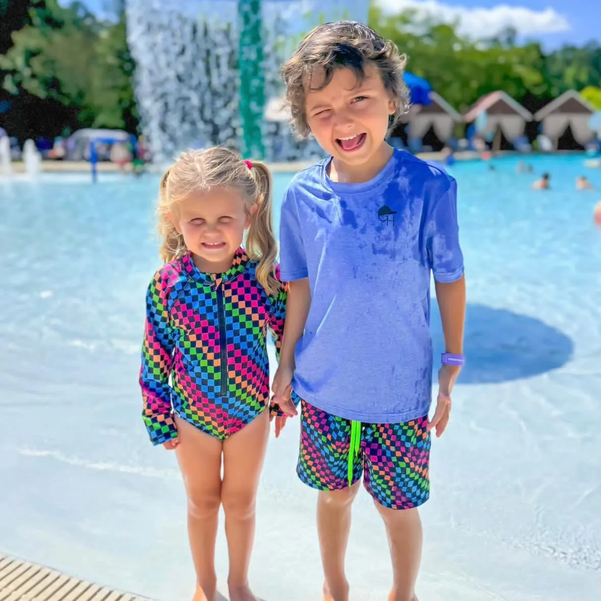 Girls Neon Rainbow Check Swim Suit