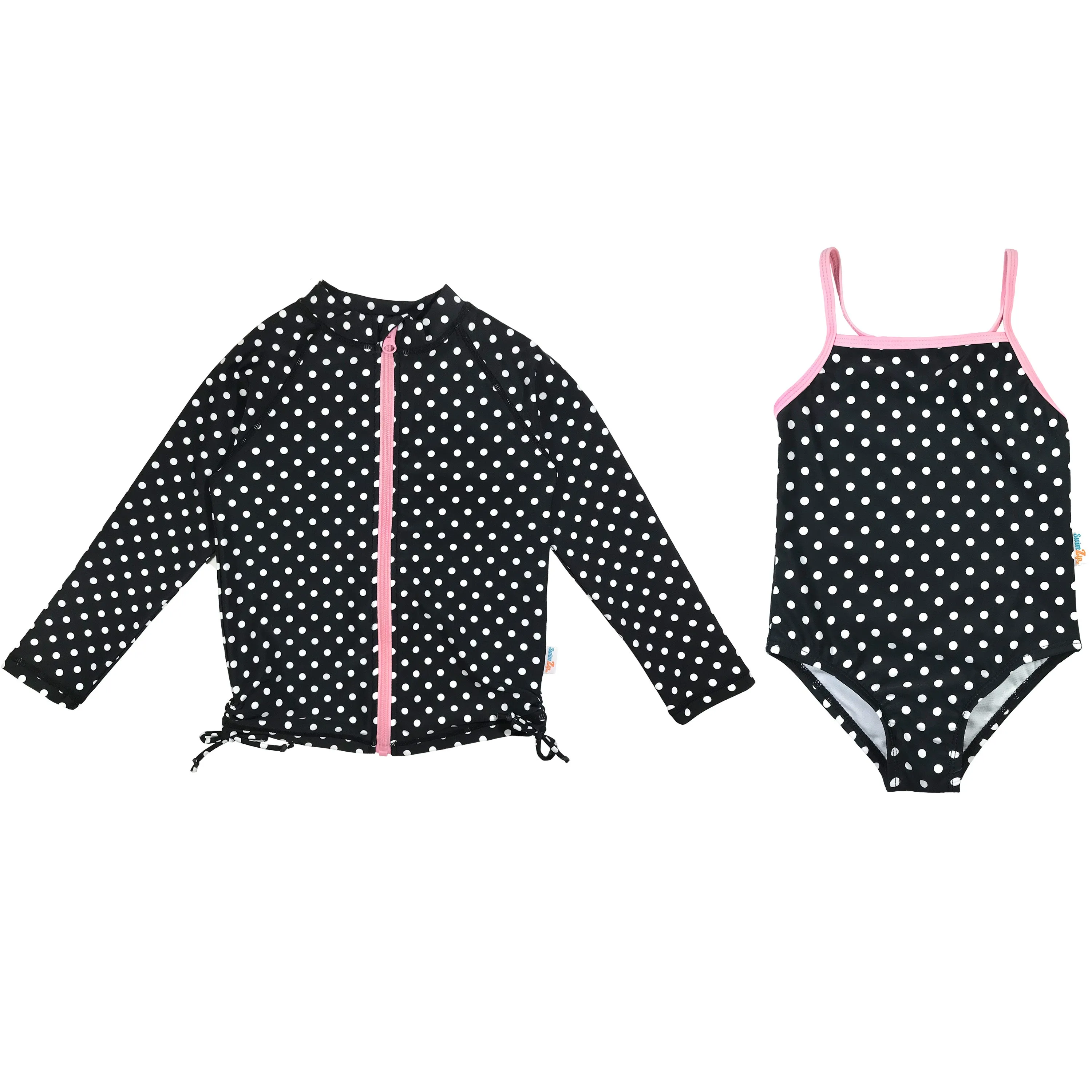 Girls One-Piece Swimsuit   Long Sleeve Rash Guard Set (2 Piece) | "Black Polka Dot"