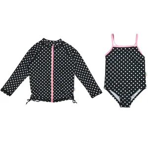 Girls One-Piece Swimsuit   Long Sleeve Rash Guard Set (2 Piece) | "Black Polka Dot"