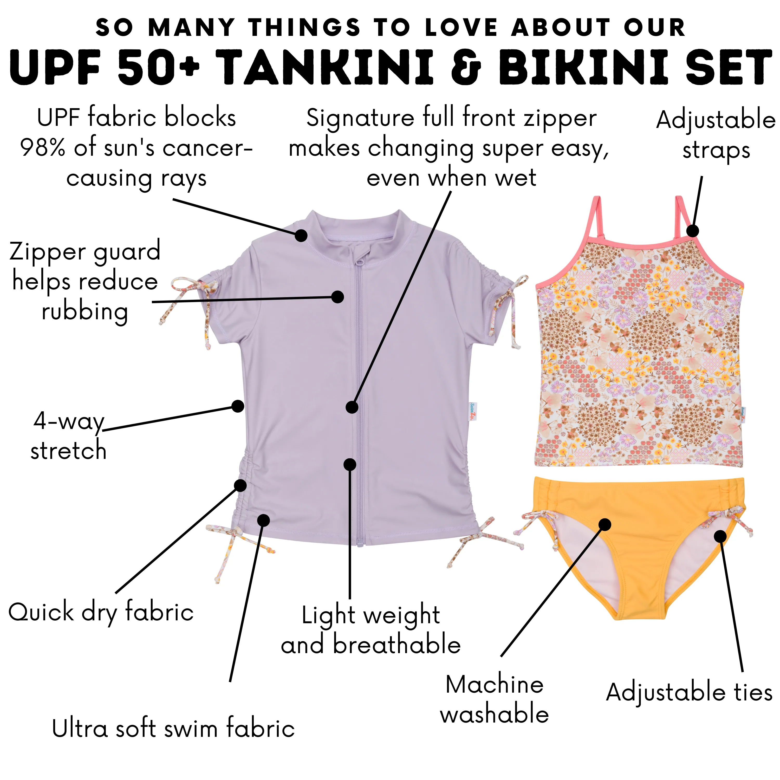 Girls Short Sleeve Rash Guard   Tankini Bikini Set (3 Piece) | "Meadows”