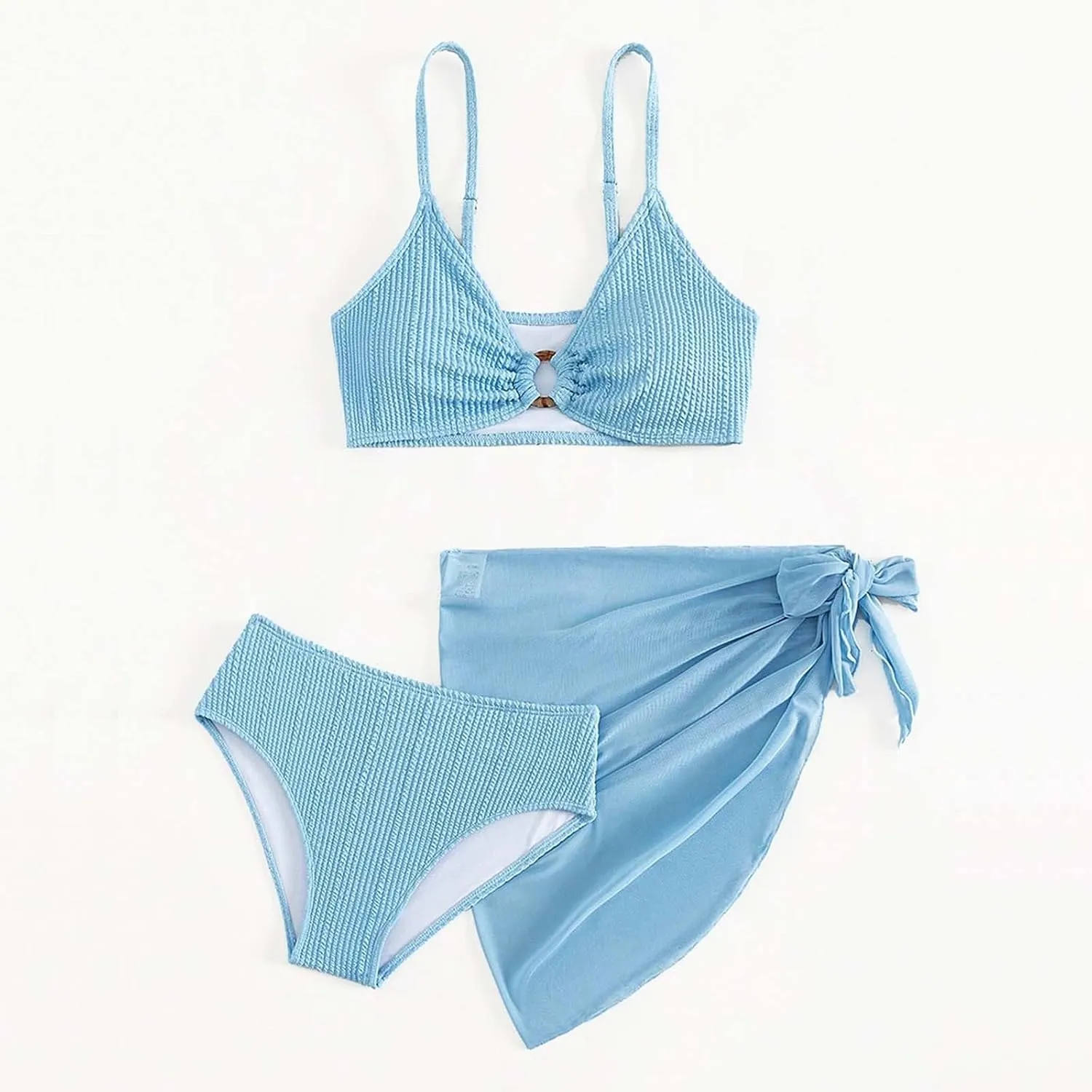 Girls Swimsuit 3-Piece Bikini Set Color-Block Kids High Waisted Swimwear with Quick Dry Cover Up Skirts Swimwear