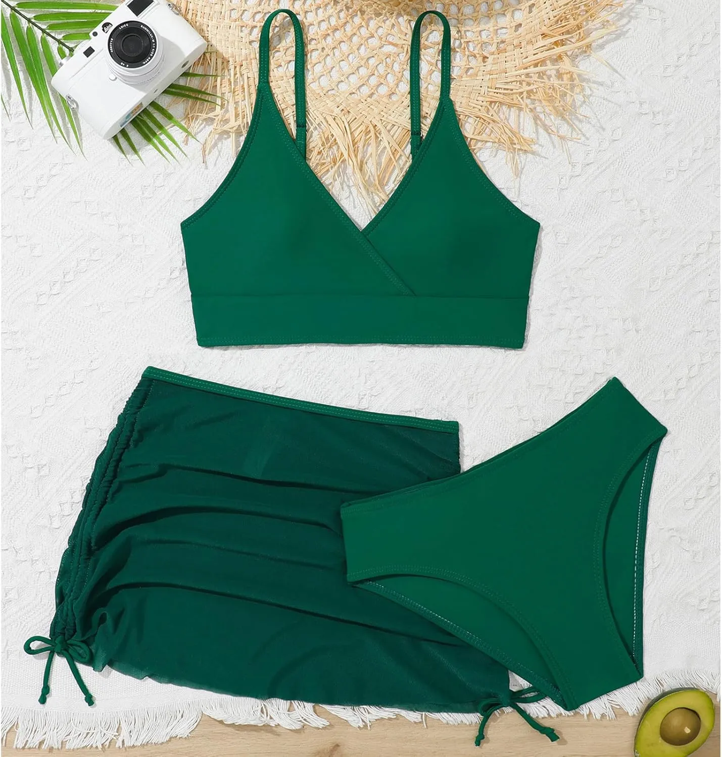 Girls Swimsuit 3-Piece Bikini Set Plaid Kids High Waisted Swimwear with Drawstring Quick Dry Cover Up Beach Swimwear