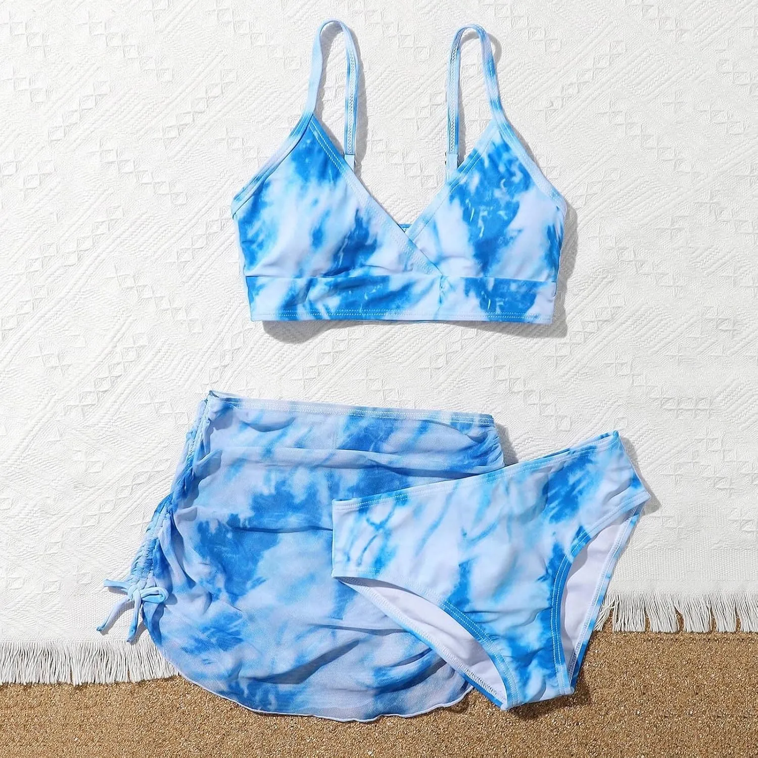 Girls Swimsuit 3-Piece Bikini Set Plaid Kids High Waisted Swimwear with Drawstring Quick Dry Cover Up Beach Swimwear