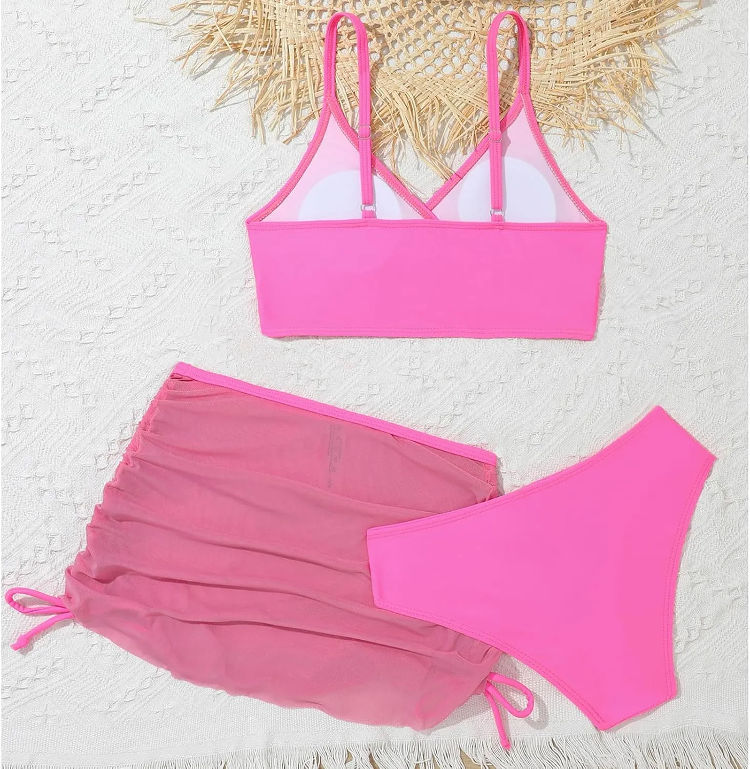 Girls Swimsuit 3-Piece Bikini Set Plaid Kids High Waisted Swimwear with Drawstring Quick Dry Cover Up Beach Swimwear