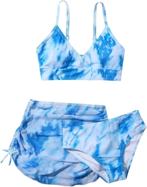 Girls Swimsuit 3-Piece Bikini Set Plaid Kids High Waisted Swimwear with Drawstring Quick Dry Cover Up Beach Swimwear