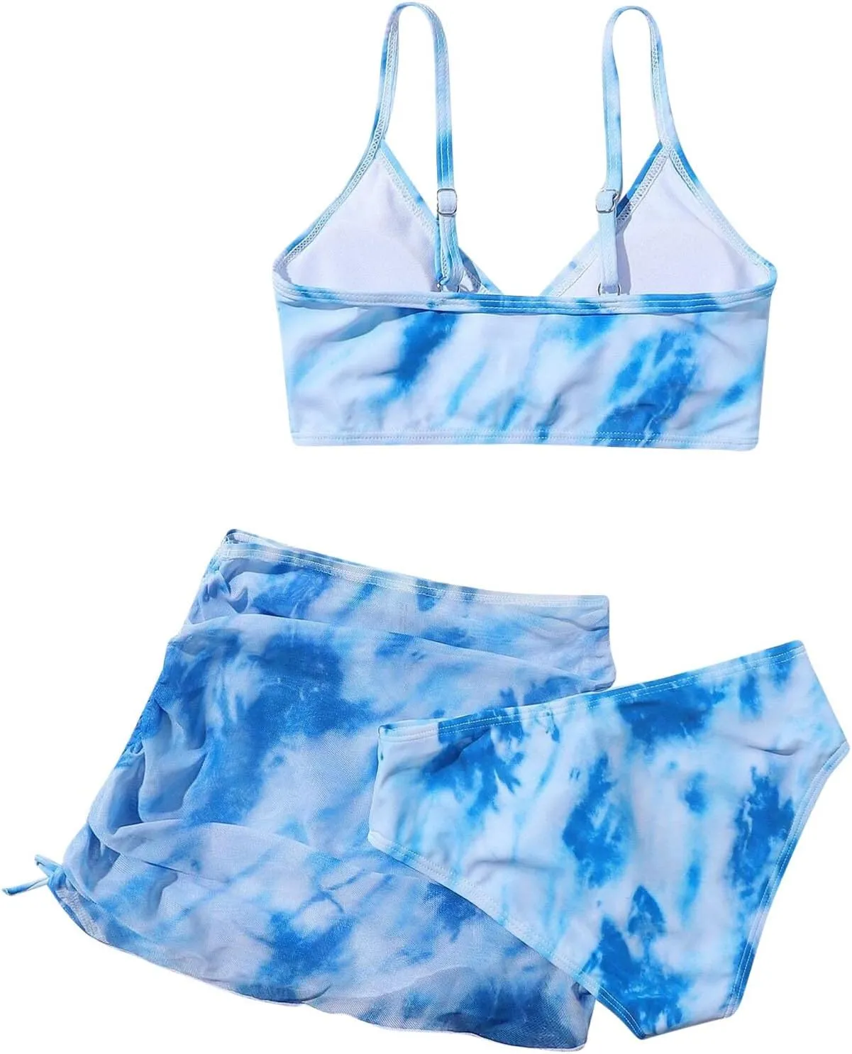 Girls Swimsuit 3-Piece Bikini Set Plaid Kids High Waisted Swimwear with Drawstring Quick Dry Cover Up Beach Swimwear