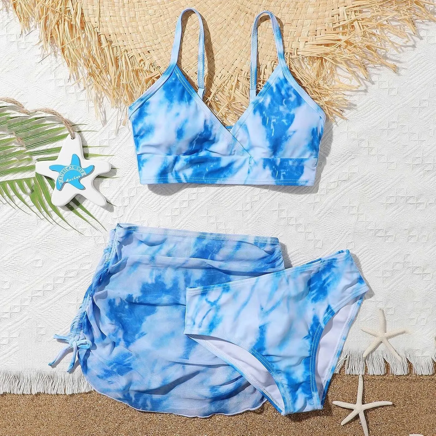Girls Swimsuit 3-Piece Bikini Set Plaid Kids High Waisted Swimwear with Drawstring Quick Dry Cover Up Beach Swimwear