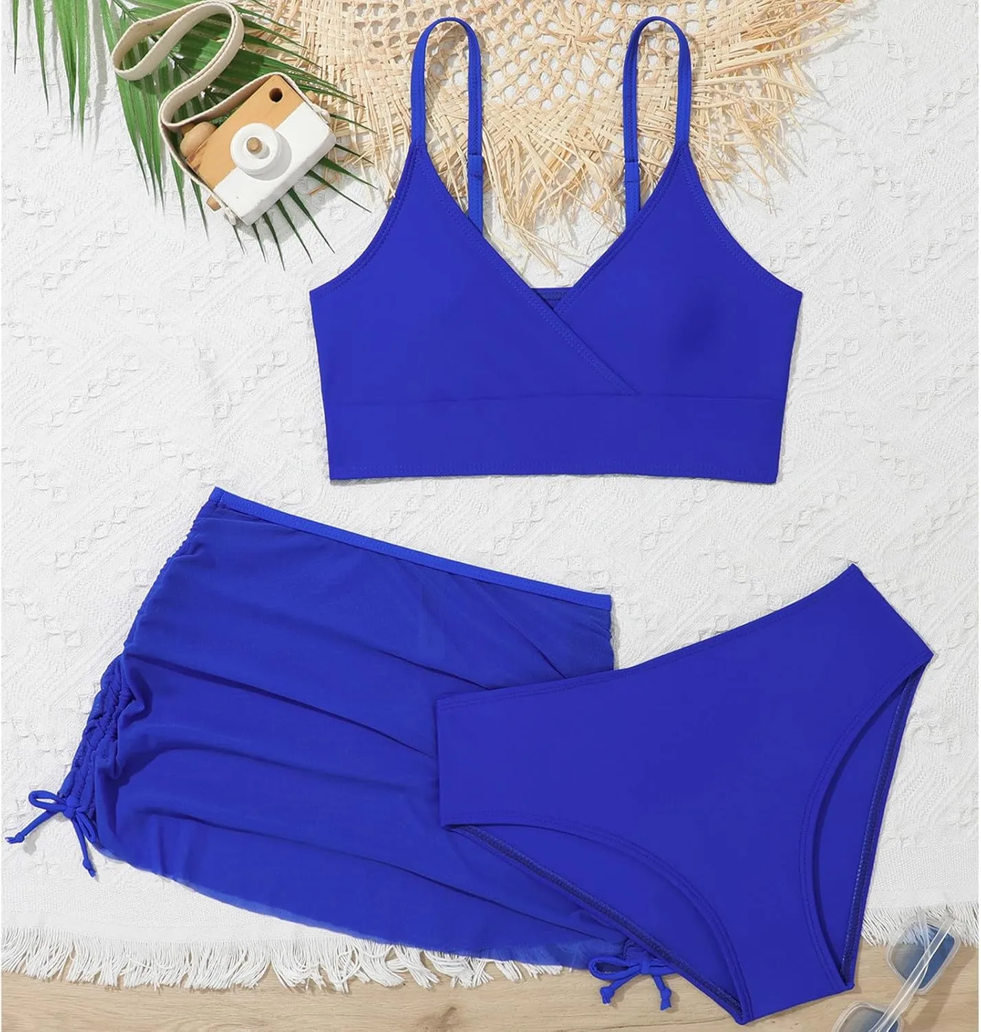 Girls Swimsuit 3-Piece Bikini Set Plaid Kids High Waisted Swimwear with Drawstring Quick Dry Cover Up Beach Swimwear