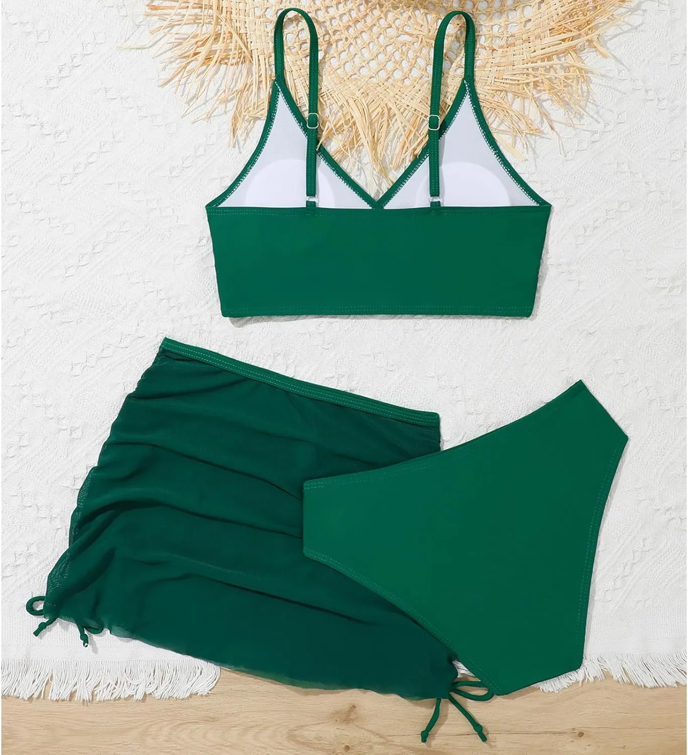 Girls Swimsuit 3-Piece Bikini Set Plaid Kids High Waisted Swimwear with Drawstring Quick Dry Cover Up Beach Swimwear