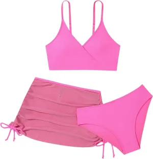Girls Swimsuit 3-Piece Bikini Set Plaid Kids High Waisted Swimwear with Drawstring Quick Dry Cover Up Beach Swimwear