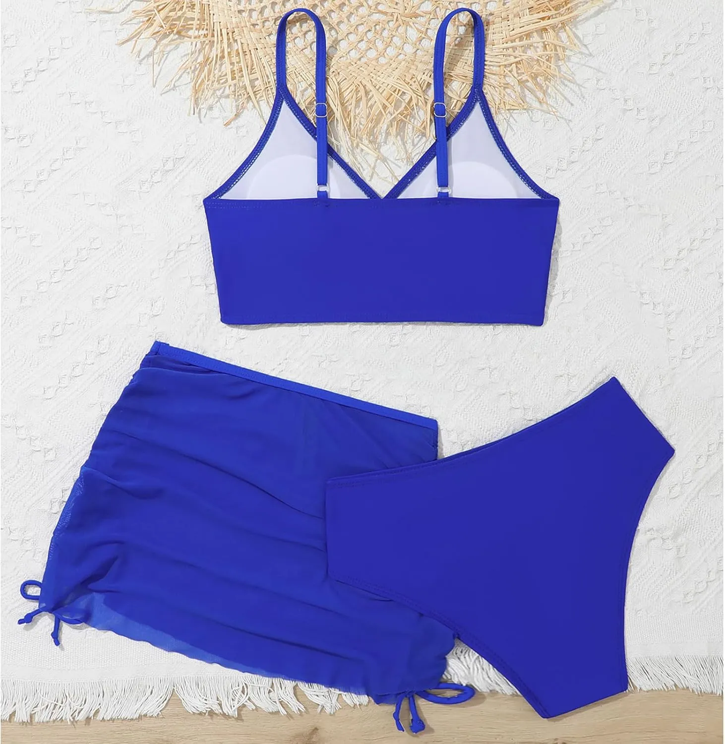 Girls Swimsuit 3-Piece Bikini Set Plaid Kids High Waisted Swimwear with Drawstring Quick Dry Cover Up Beach Swimwear