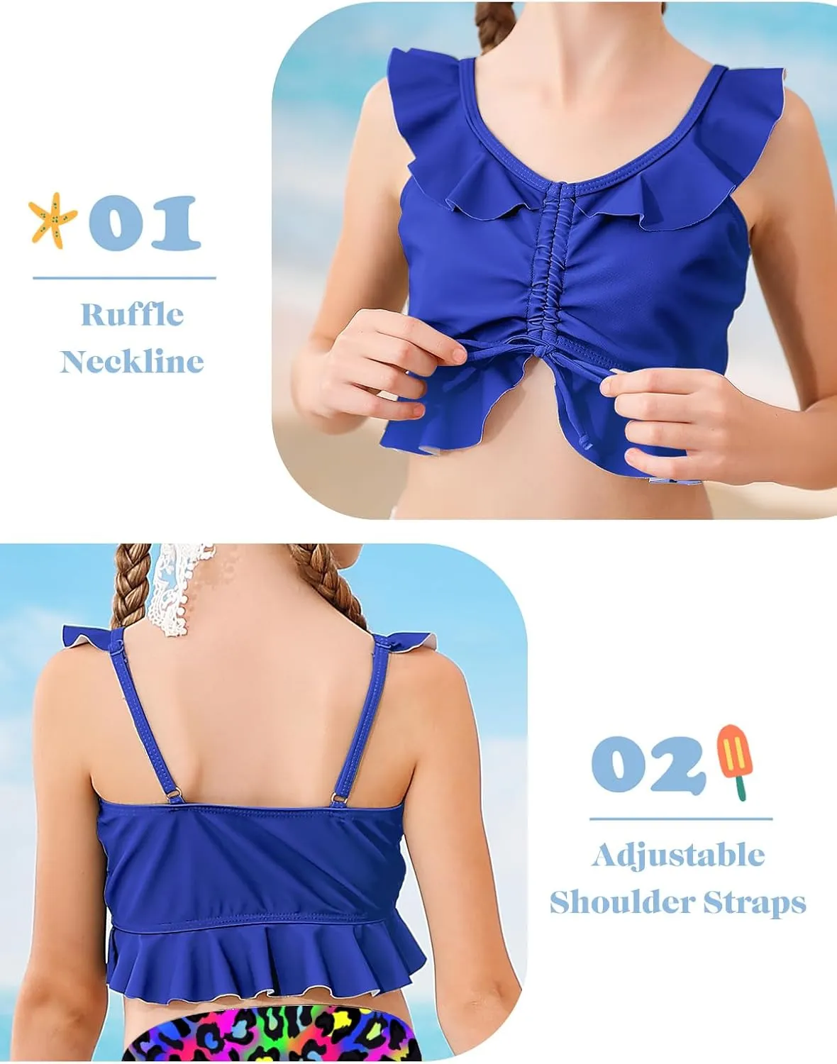 Girls Swimsuit Bikini Set with Shorts Bathing Suit Adjustable Strap Ruffle Drawstring 3 Piece Beach Swimwear Size 7-12