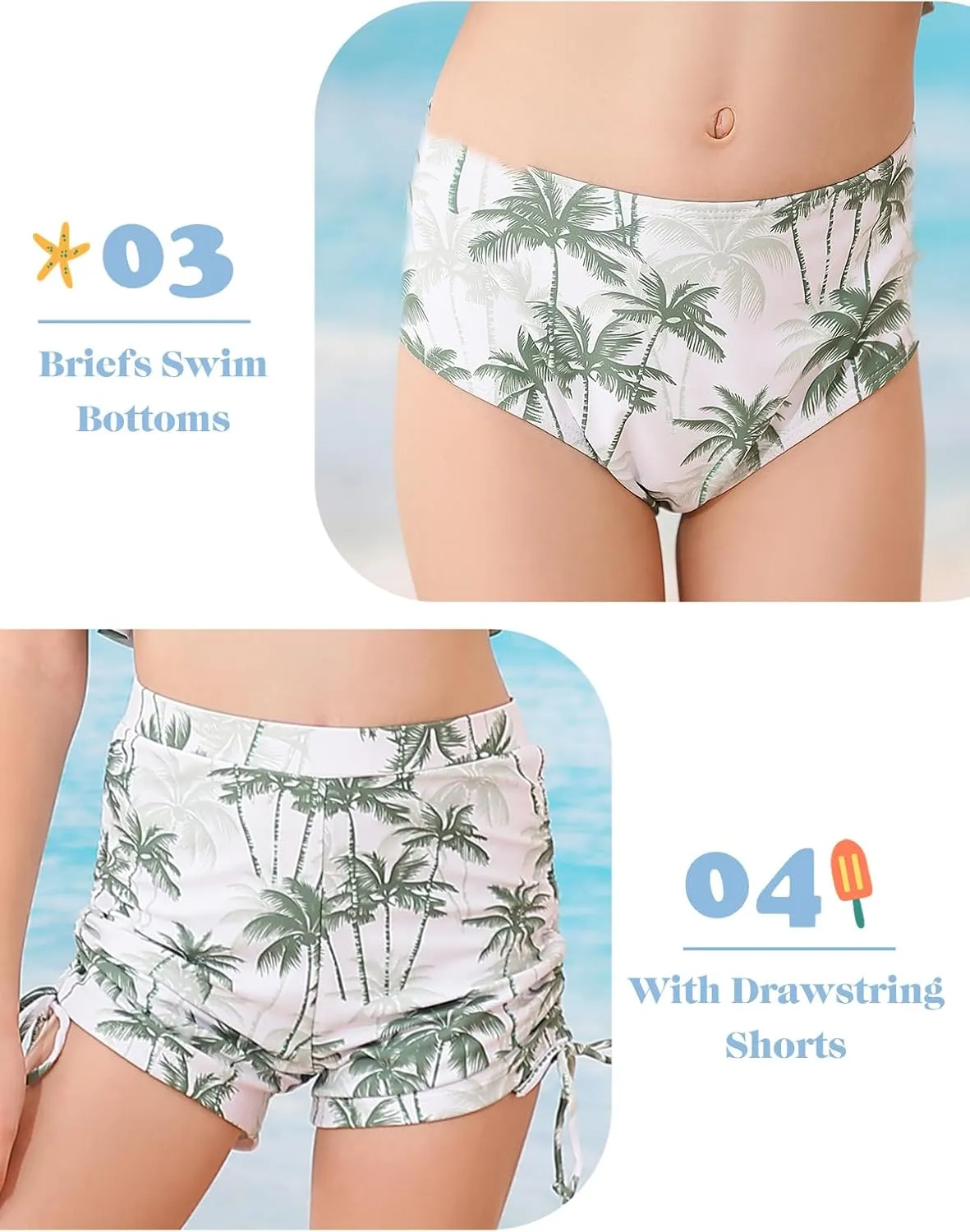 Girls Swimsuit Bikini Set with Shorts Bathing Suit Adjustable Strap Ruffle Drawstring 3 Piece Beach Swimwear Size 7-12