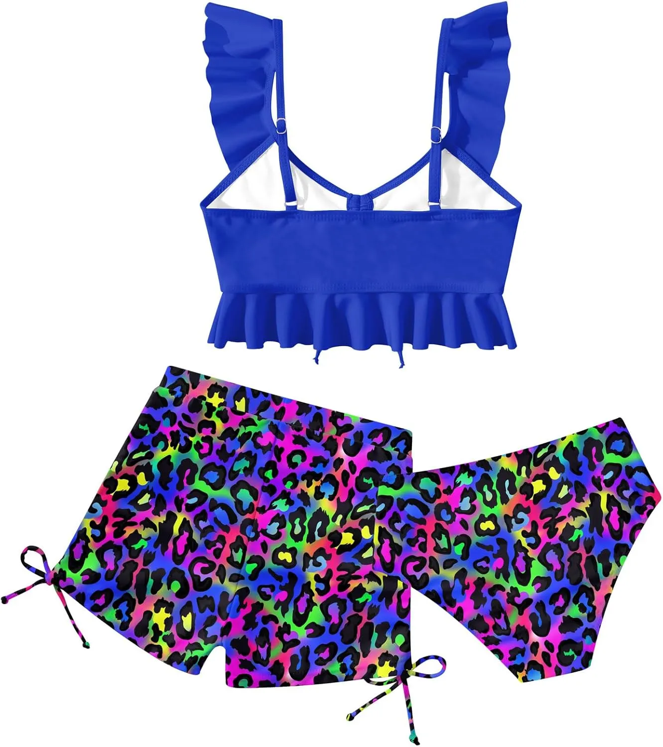 Girls Swimsuit Bikini Set with Shorts Bathing Suit Adjustable Strap Ruffle Drawstring 3 Piece Beach Swimwear Size 7-12