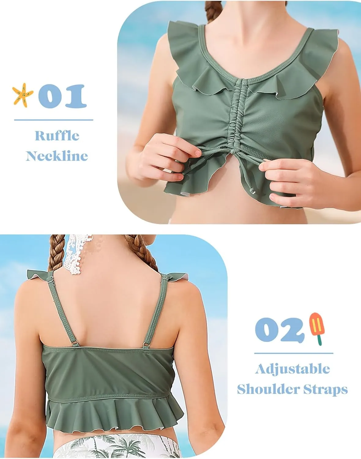 Girls Swimsuit Bikini Set with Shorts Bathing Suit Adjustable Strap Ruffle Drawstring 3 Piece Beach Swimwear Size 7-12