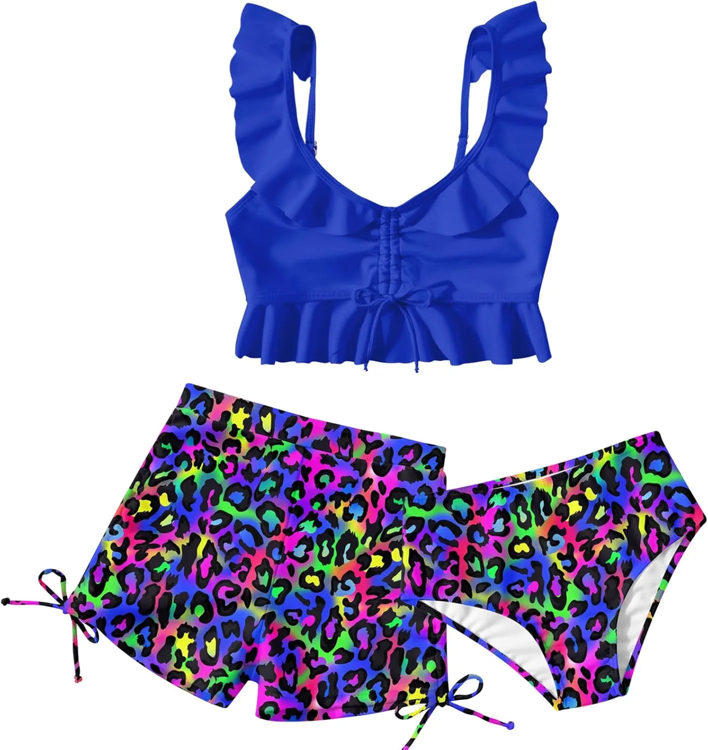 Girls Swimsuit Bikini Set with Shorts Bathing Suit Adjustable Strap Ruffle Drawstring 3 Piece Beach Swimwear Size 7-12