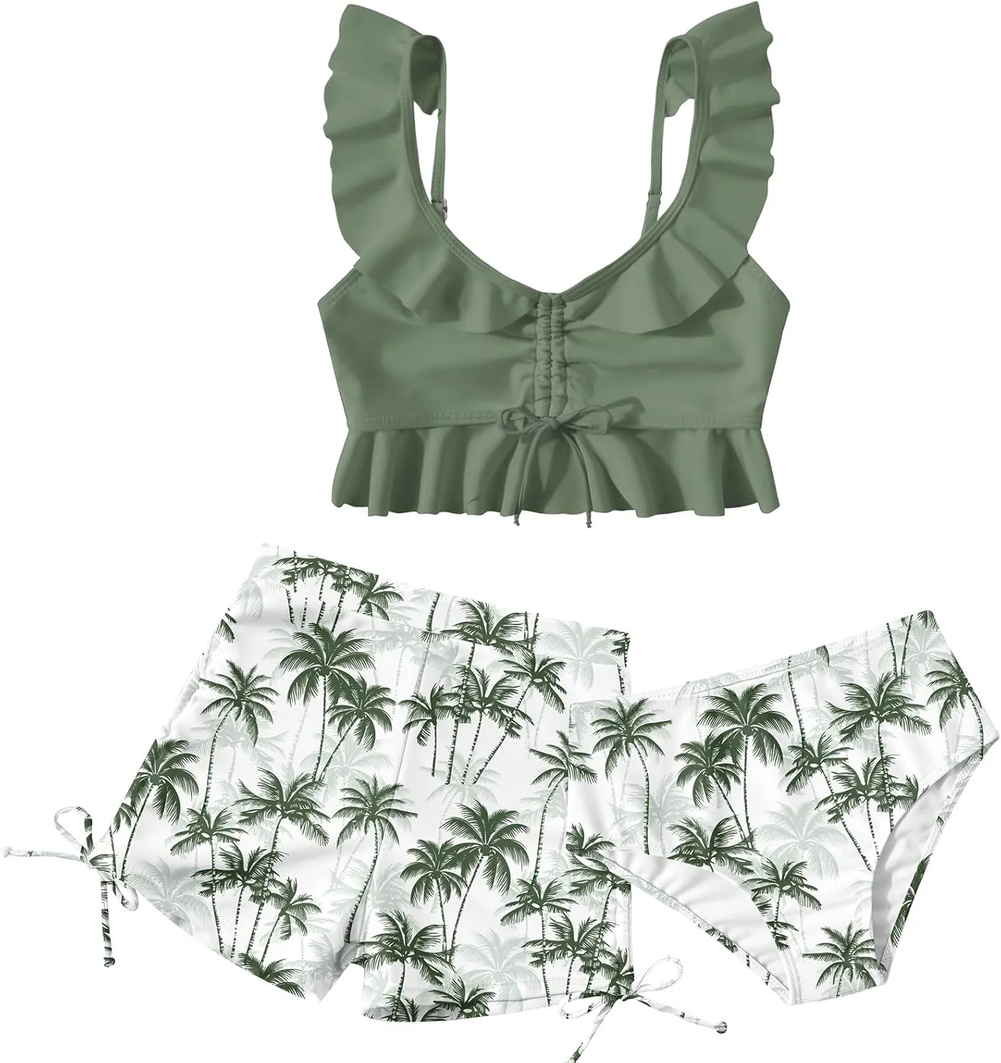Girls Swimsuit Bikini Set with Shorts Bathing Suit Adjustable Strap Ruffle Drawstring 3 Piece Beach Swimwear Size 7-12