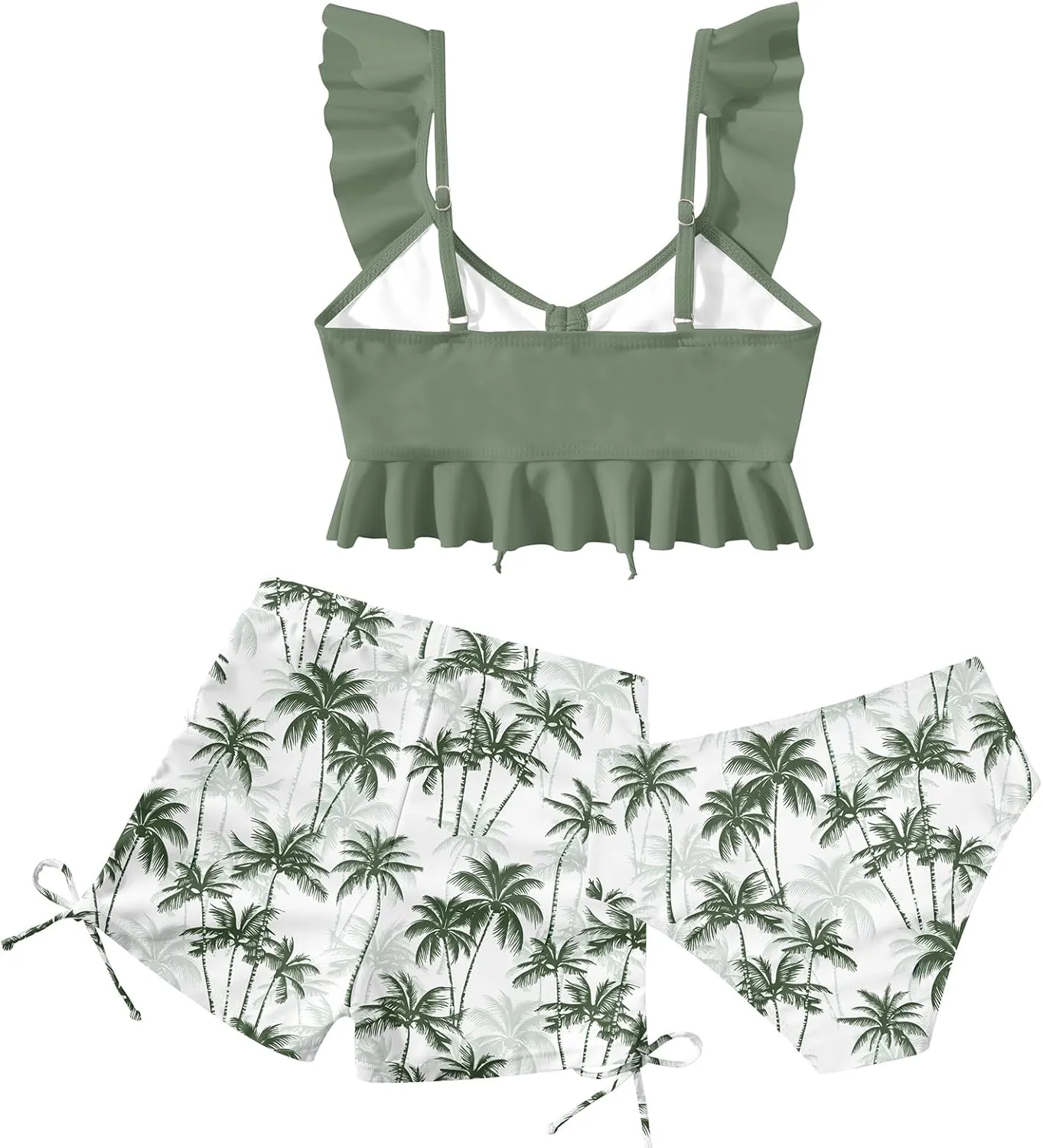 Girls Swimsuit Bikini Set with Shorts Bathing Suit Adjustable Strap Ruffle Drawstring 3 Piece Beach Swimwear Size 7-12